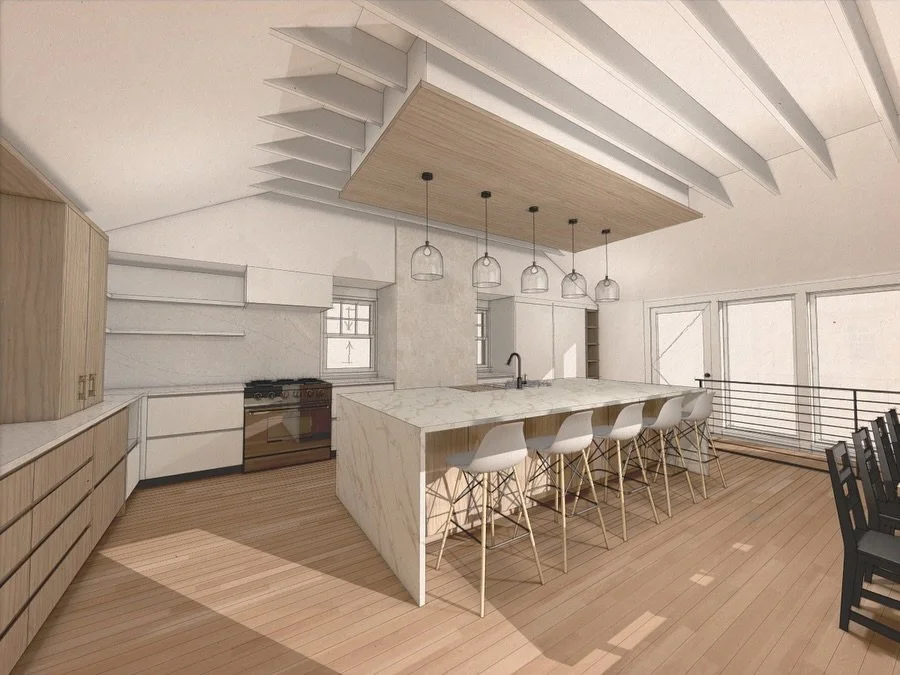 Design begins with vision.

For this young family, that meant transforming a closed-in kitchen into the heart of their home &mdash; a space with volume, light, and flow. We designed a soaring ceiling with exposed collar ties, a floating wood panel to