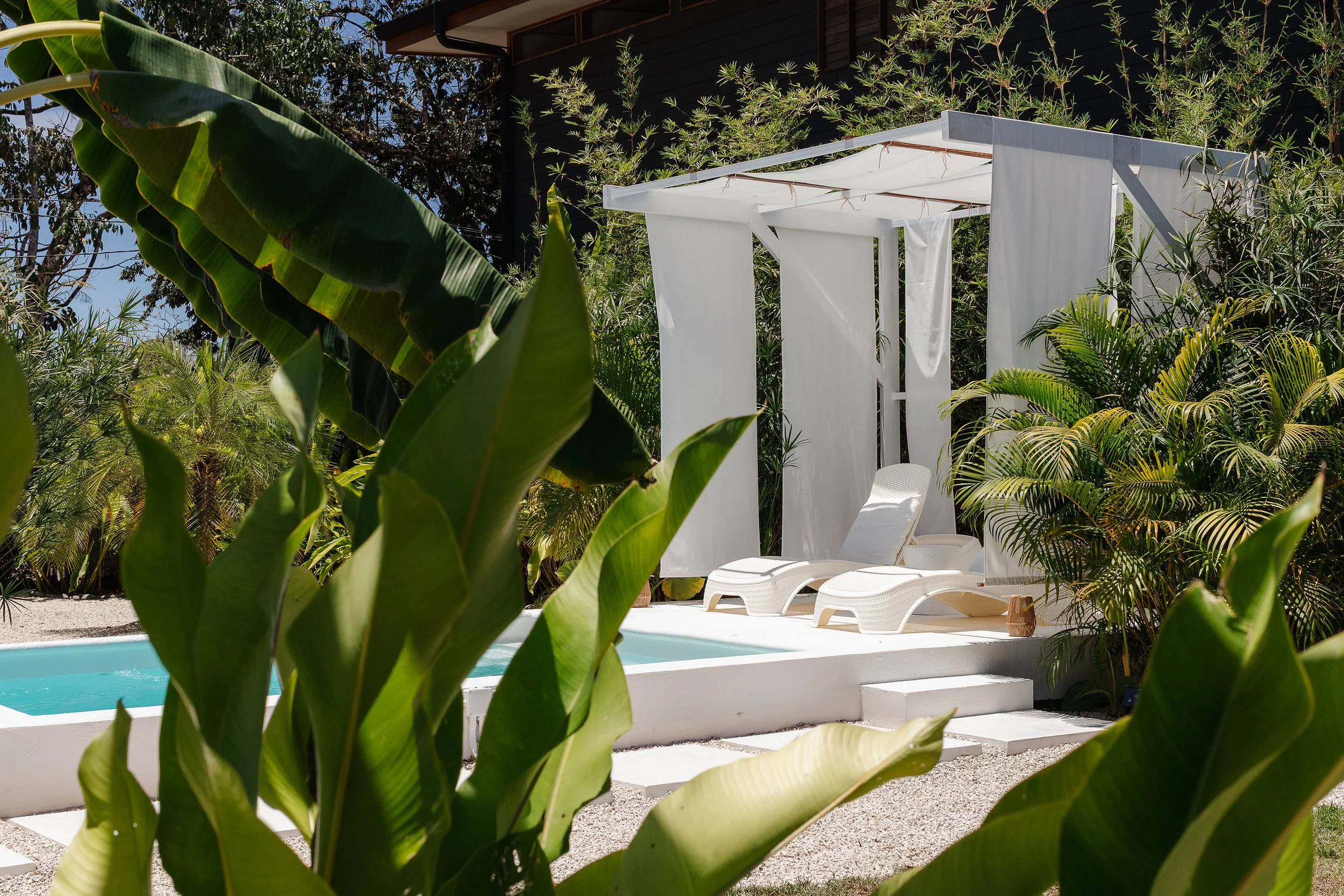 Área de descanso con sillones blancos junto a una piscina, rodeada de vegetación tropical. Incluye una estructura blanca con cortinas y zonas de sombra, en un entorno al aire libre.