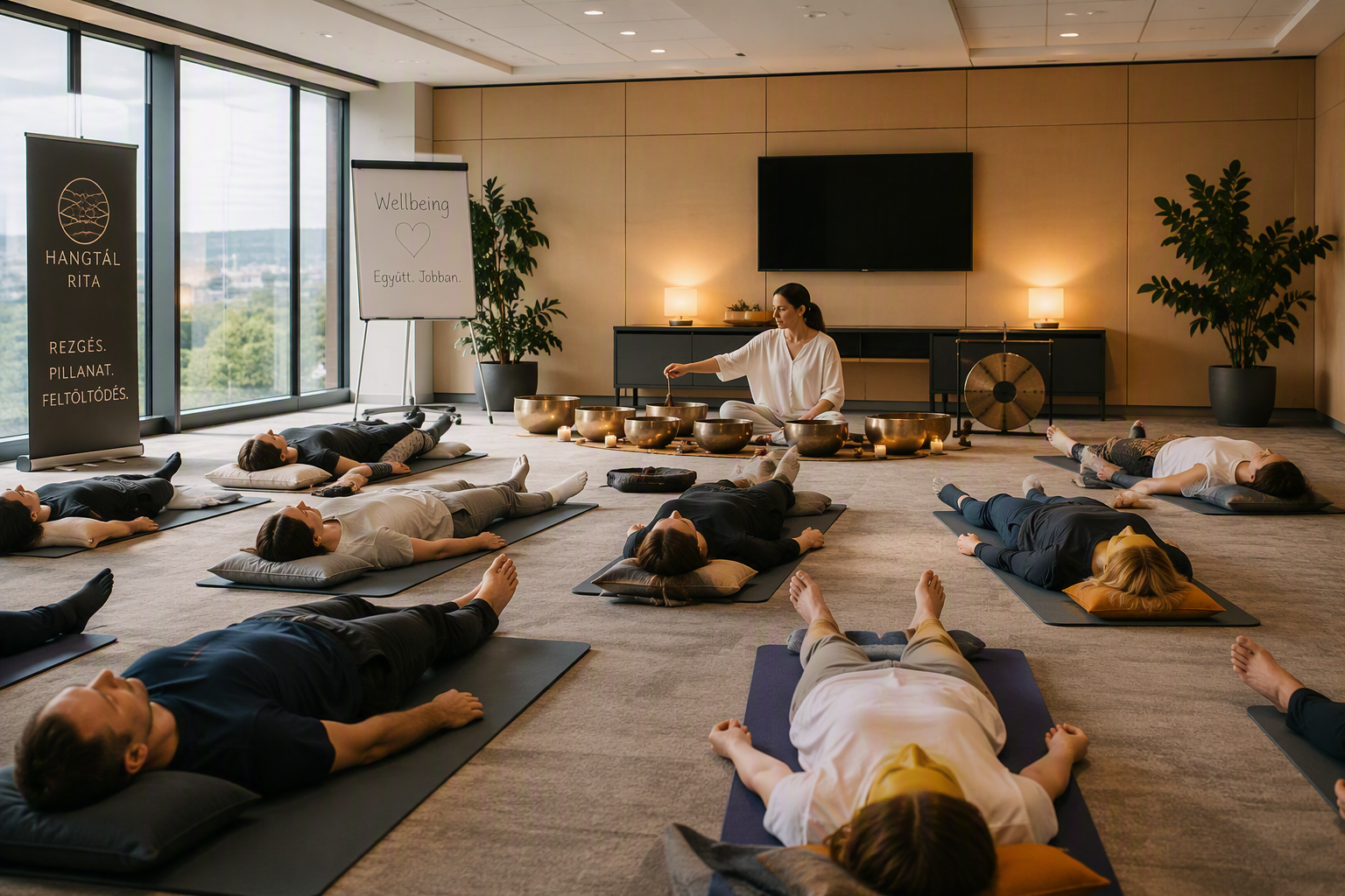 A group of people participating in a sound healing or meditation session in a spacious room with large windows. A woman leads the session, seated on the floor with singing bowls in front of her. Participants lie on mats with pillows, eyes closed, in a relaxed state.