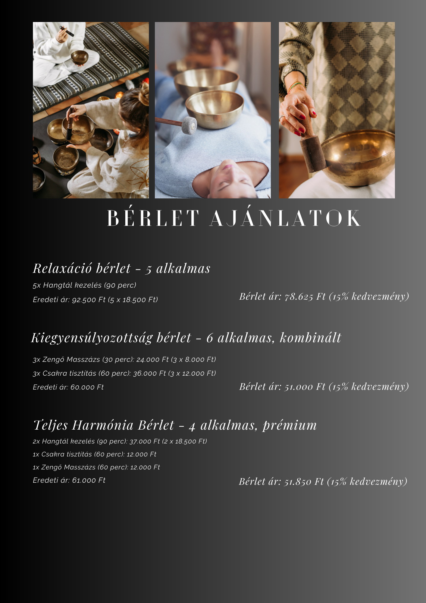 A promotional flyer for massage packages with images of people receiving sound therapy with singing bowls. The flyer is in Hungarian and offers various massage options with prices and discounts.