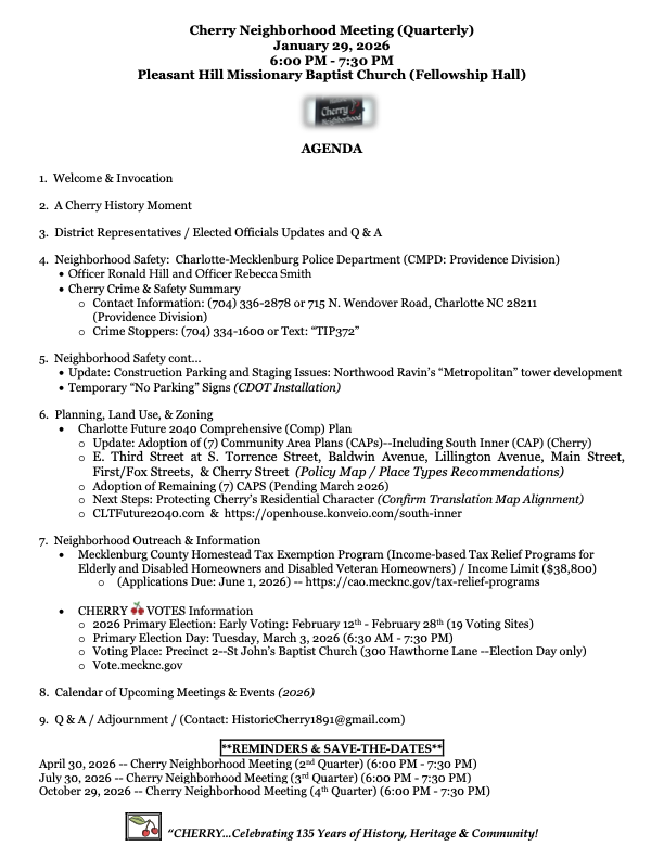 Cheery meeting agenda for January 29th