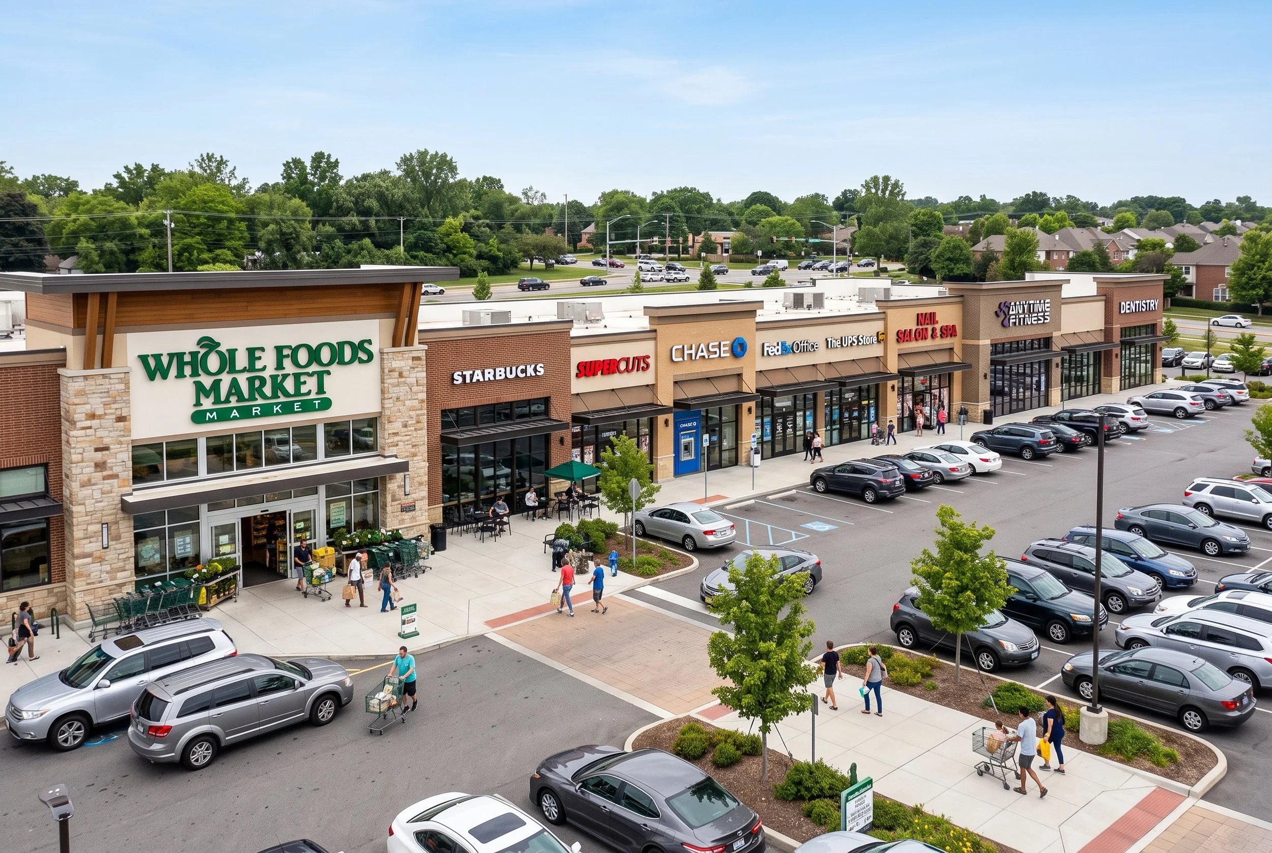 Aerial view of a grocery-anchored strip center with a Whole Foods Market anchor tenant and full parking lot