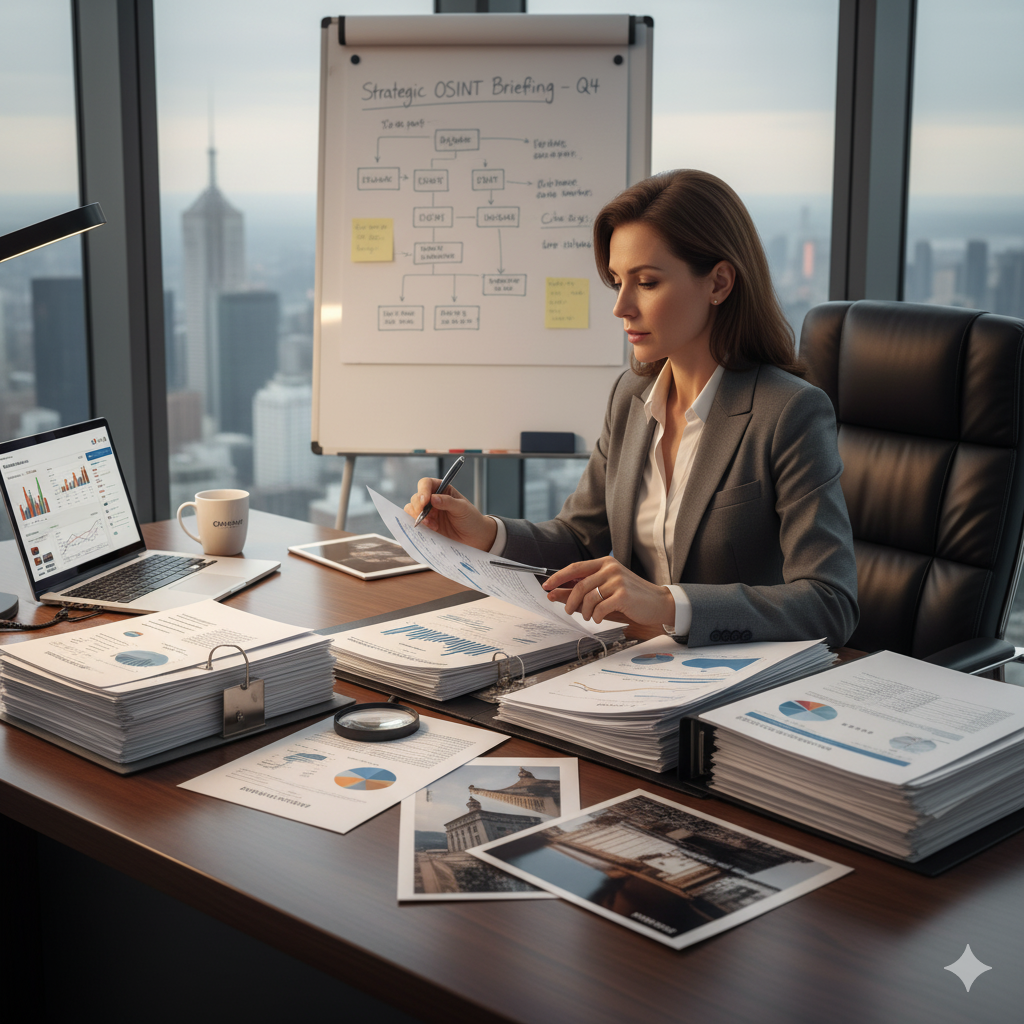 Female business executive reads a manual intelligence analysis report created by Calissistants  intelligence analysts.