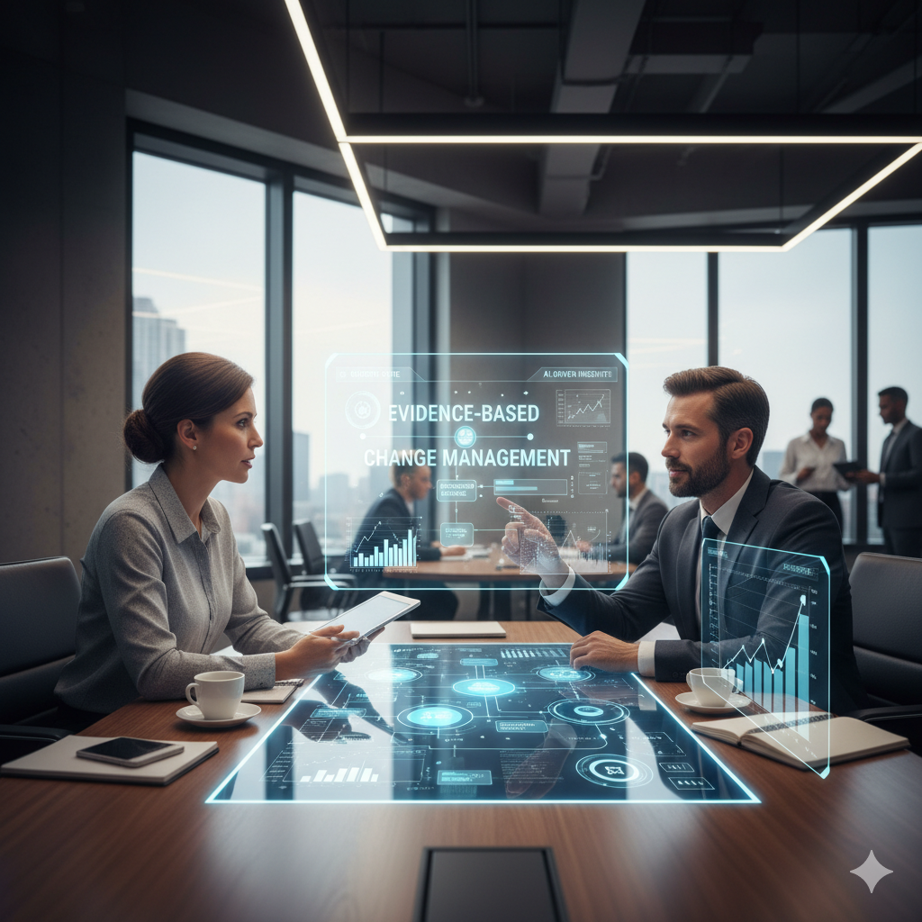 Office worker and Management Consultant using Artificial Intelligence AI for evidenced based Change Management