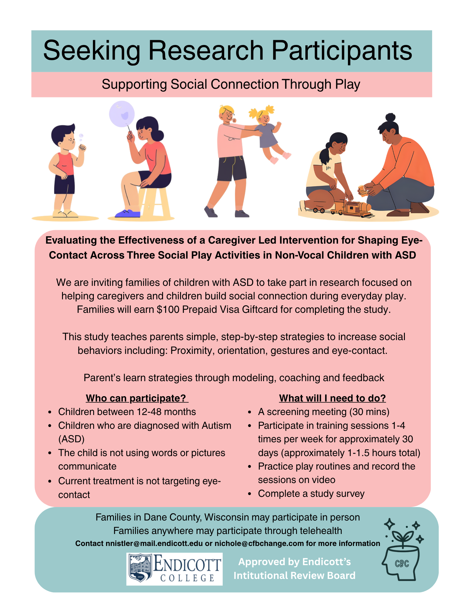 Flyer seeking research participants for a study on supporting social connection through play with children with ASD, with an illustration of children playing and caregivers engaging in activities.