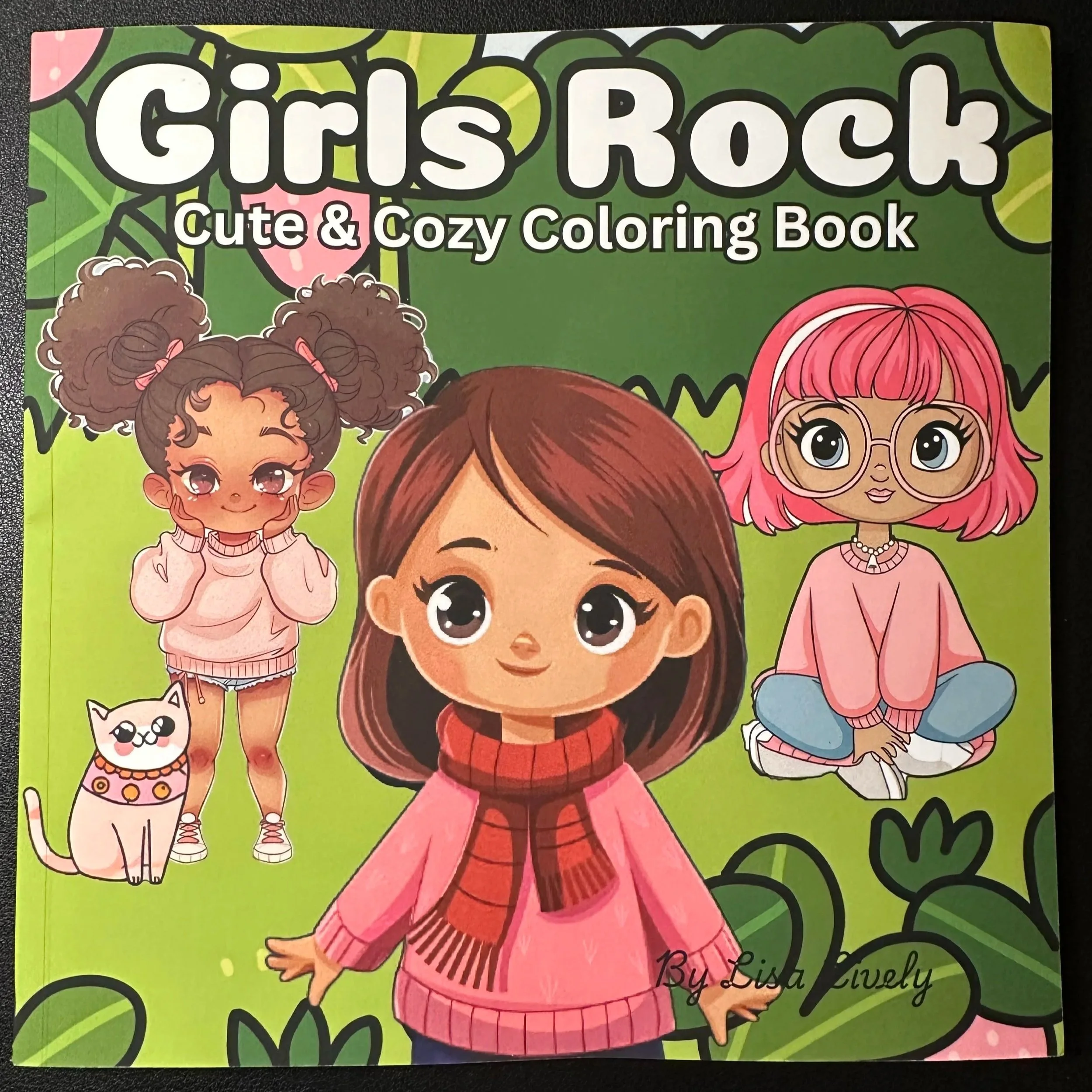 Illustration of three diverse girls with big eyes, smiling, and a cute white cat, on a green background with black decorative outlines. The book title, 'Girls Rock', and the subtitle, 'Cute & Cozy Coloring Book,' are at the top.