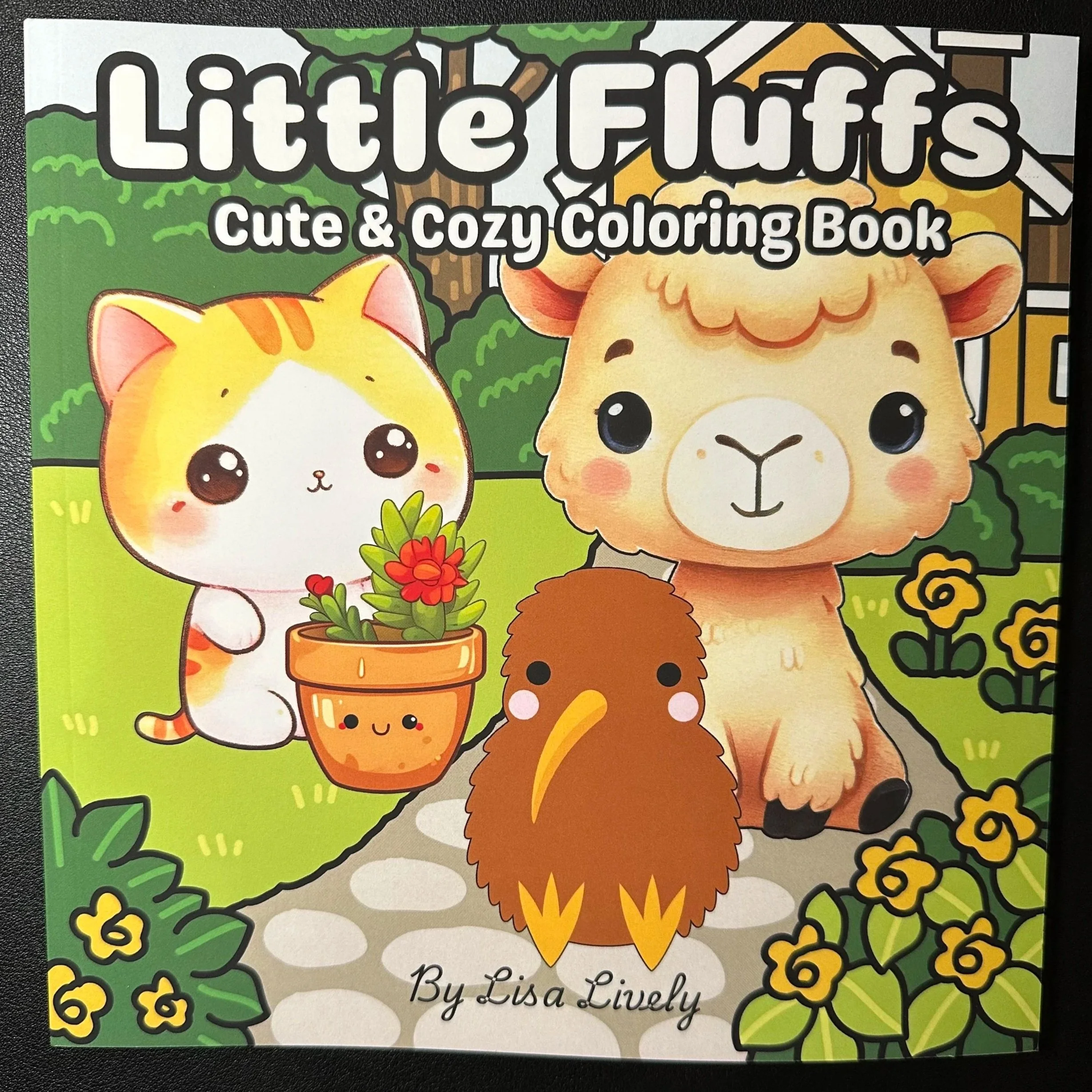 Colorful children's book cover featuring cartoon animals, including a cat and a lion, with a background of trees and flowers, and the title 'Lite Fluffs' along with a subtitle 'Cute & Cozy Coloring Book'.