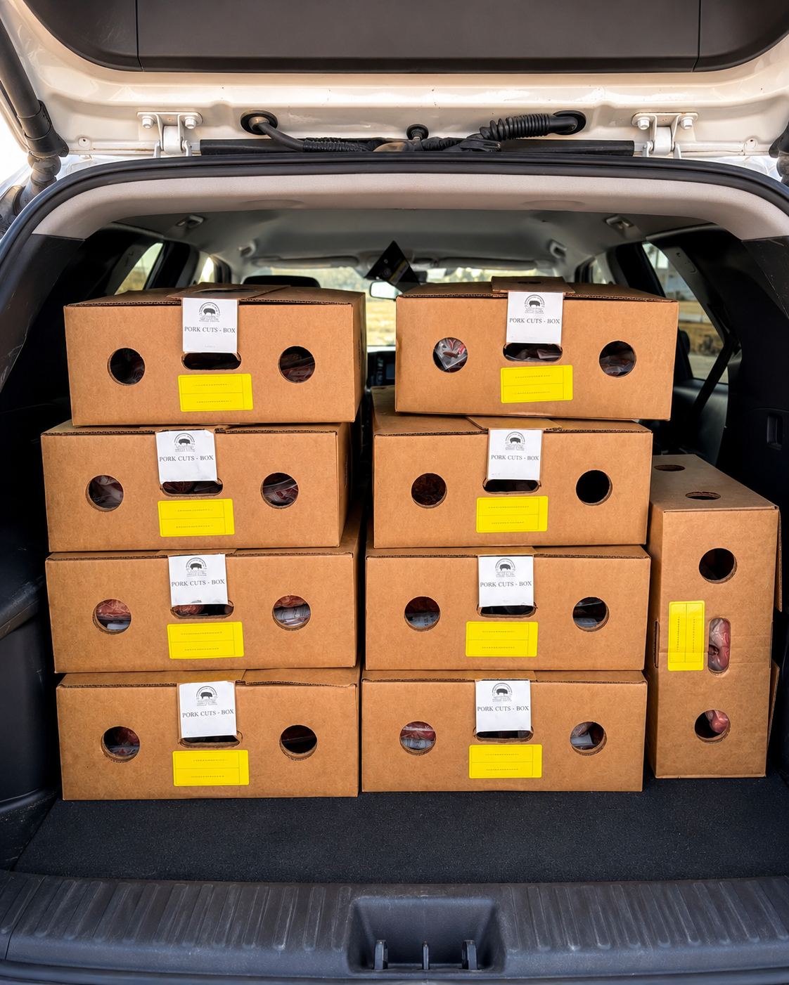 truck packed with boxes of pork