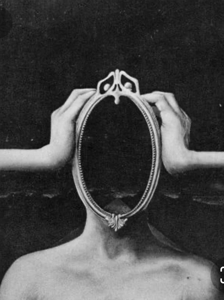 Surreal artwork of figure holding oval mirror over face, creating an illusion of emptiness.