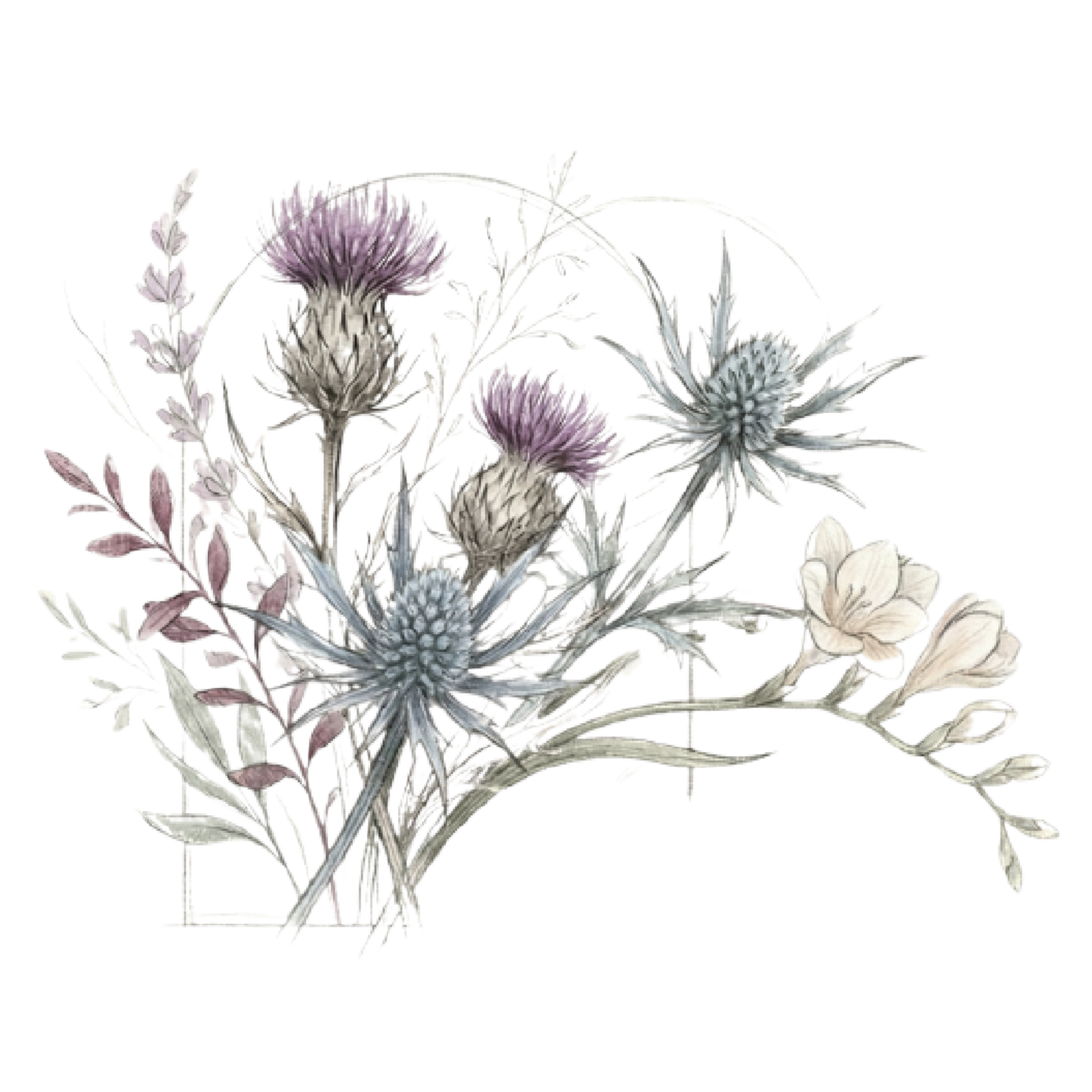 sketch of thistles and wild flowers