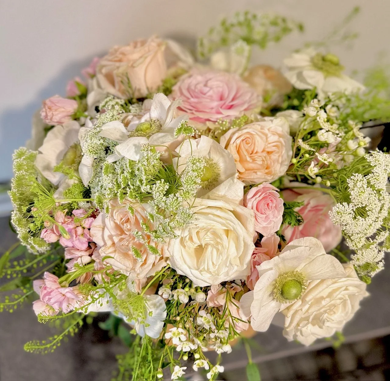Bridal Bouquet with Anemone, Garden roses and QA Lace.