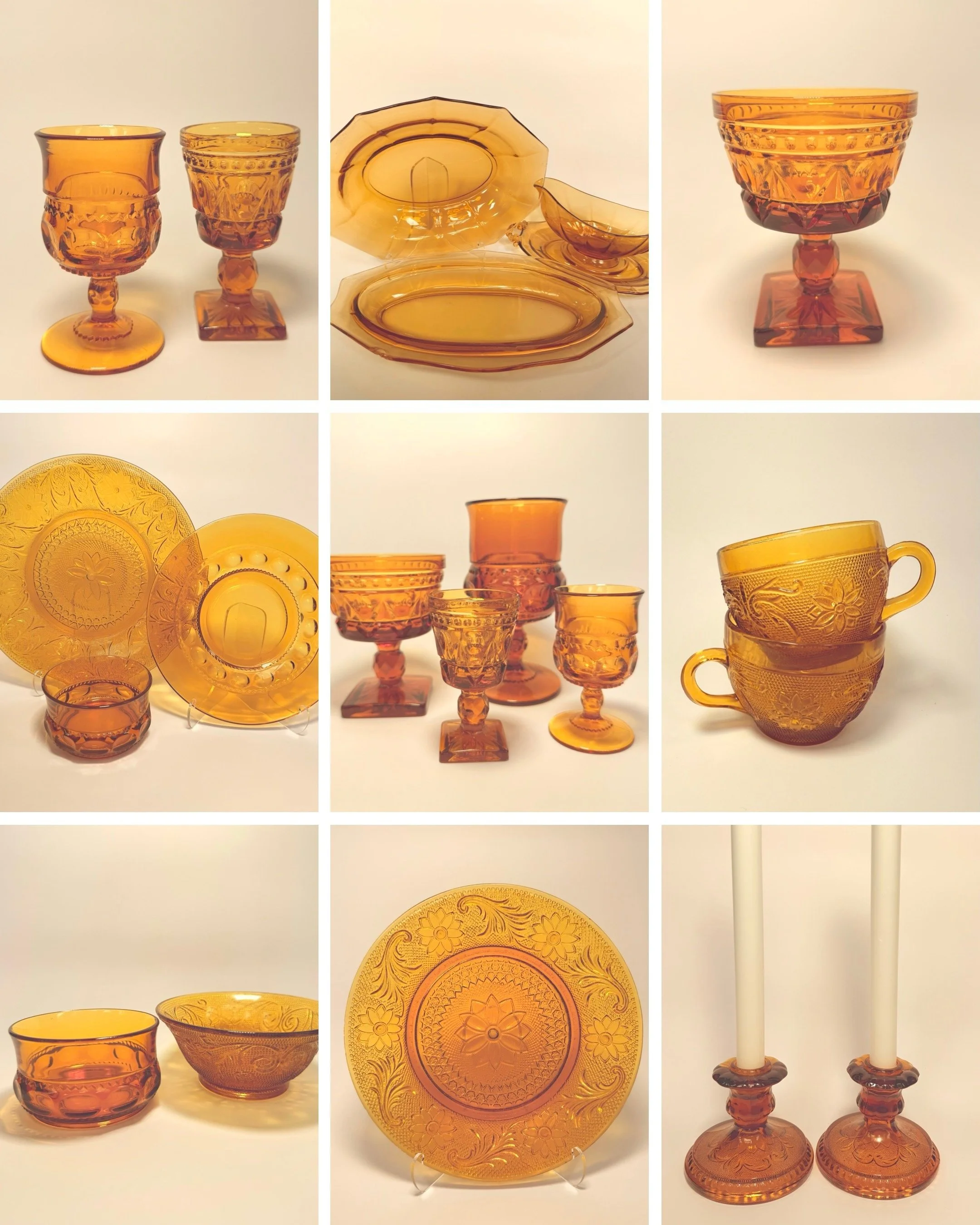Set of amber glassware including goblets, bowls, plates, and candlesticks with intricate patterns.