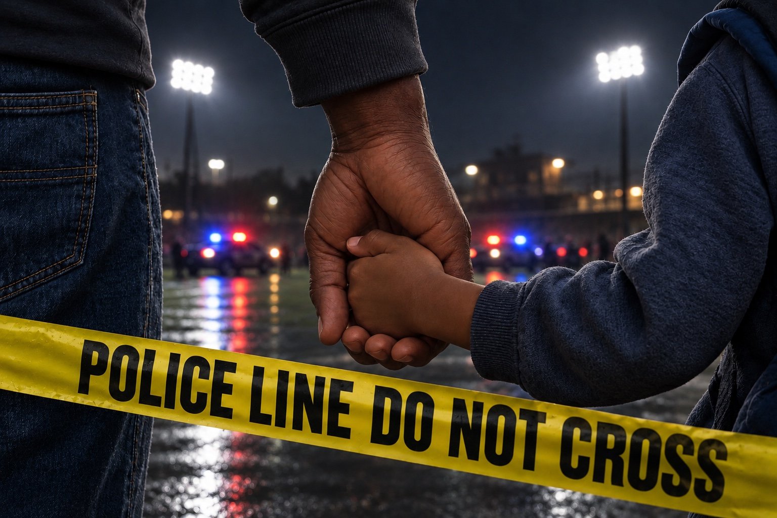 Editorial illustration of a father holding a child’s hand behind yellow police tape at a stadium at night.