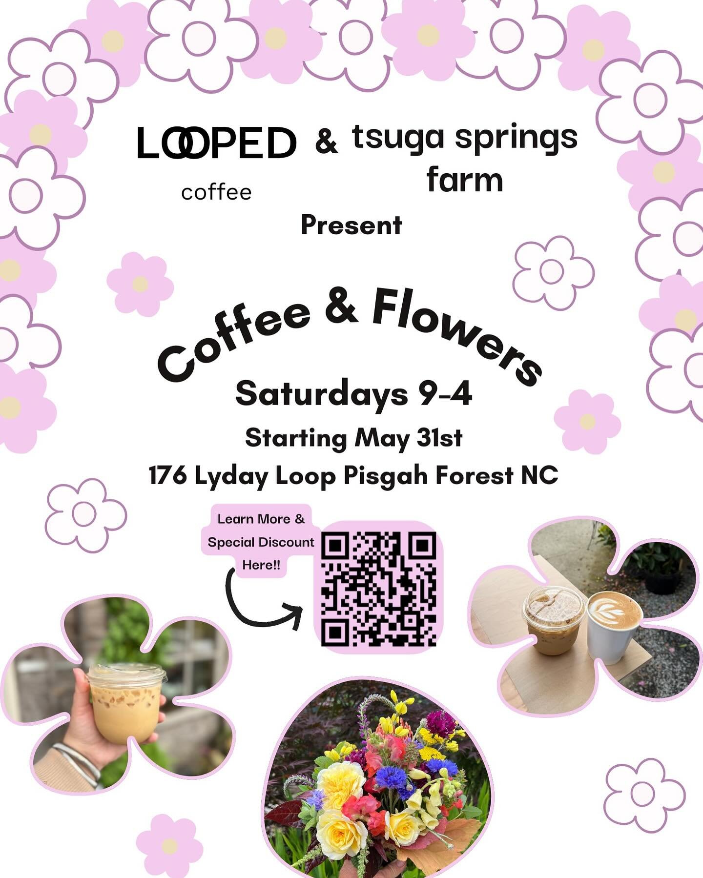 Our first LOOPED on the loop with Coffee and Flowers starts this saturday!!!!! We are so so so excited to have a spot to set up and serve you every saturday and to partner with @tsugaspringsfarm to bring you fresh cut flowers and handmade crafts !! w