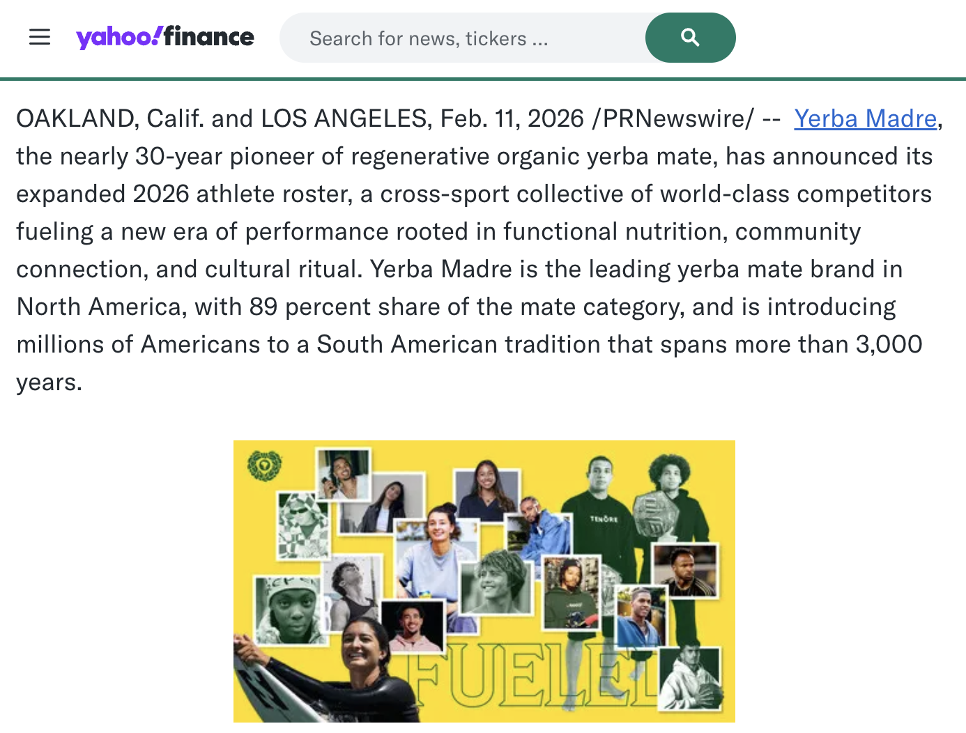 Yerba Madre on Yahoo! Finance