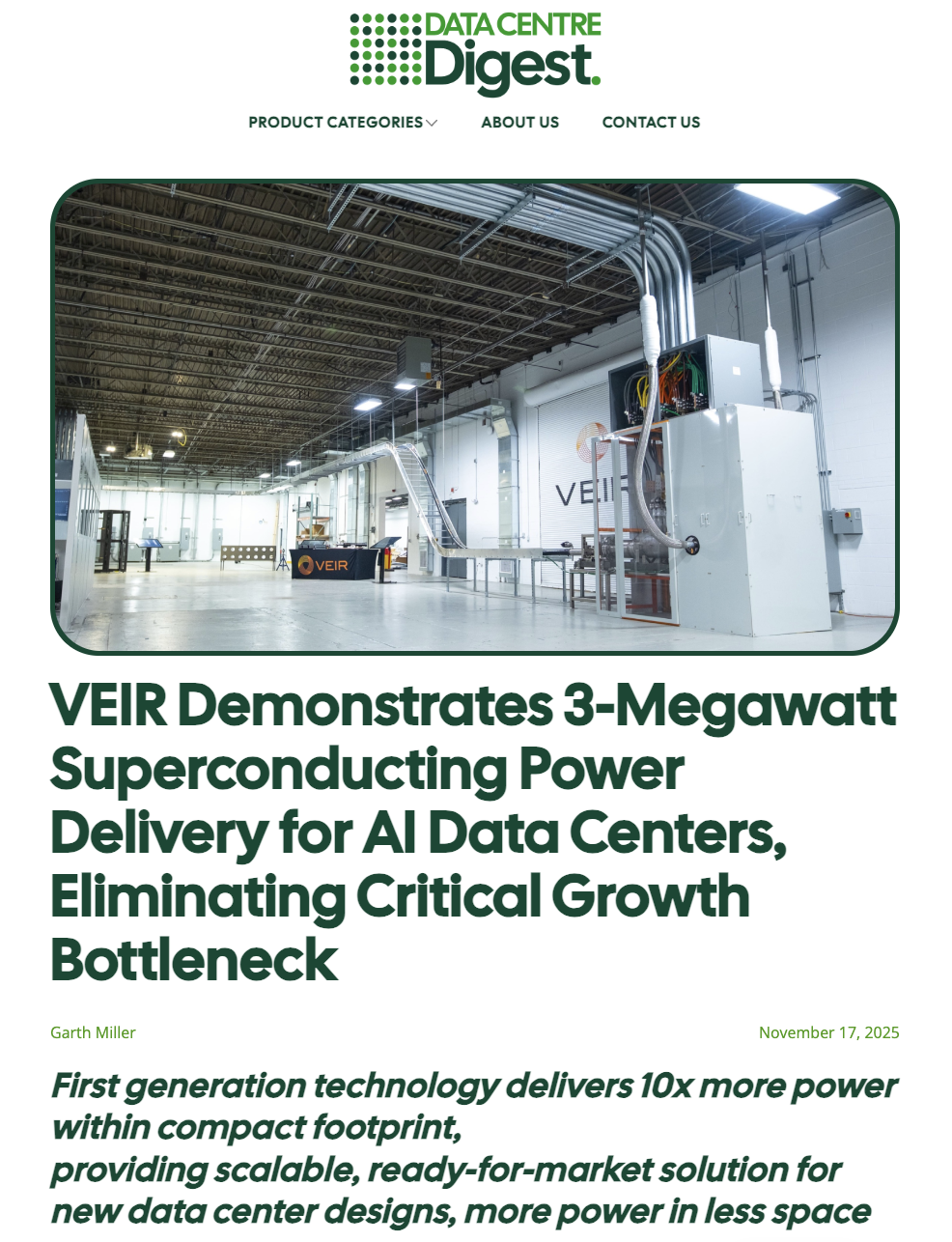 VEIR featured on Data Centre Digest