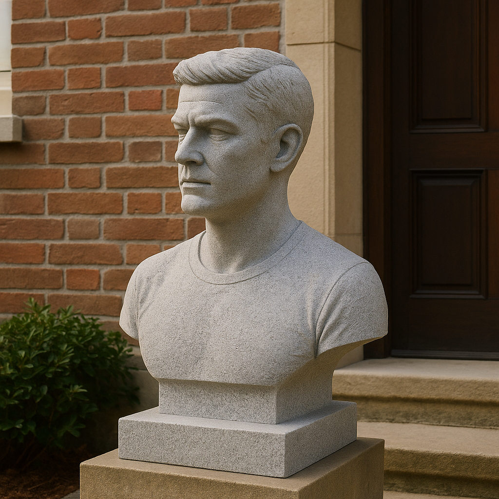 A stone bust sculpture of a man with a serious expression, short styled hair, and wearing a t-shirt, placed on a pedestal outside a building with a brick wall and a dark wooden door.