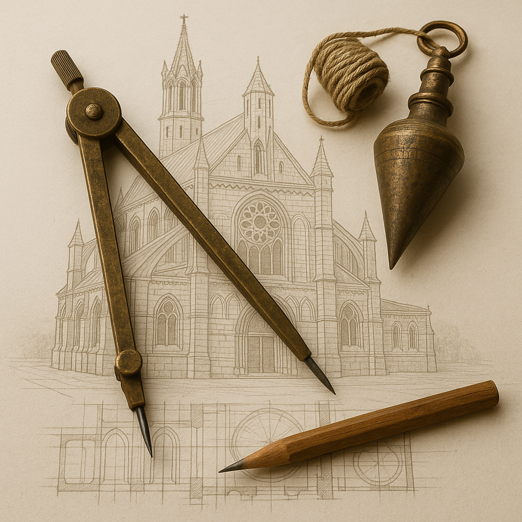 Architectural drawing of a Gothic-style church with drawing tools, including a compass, a pencil, and a plumb bob.