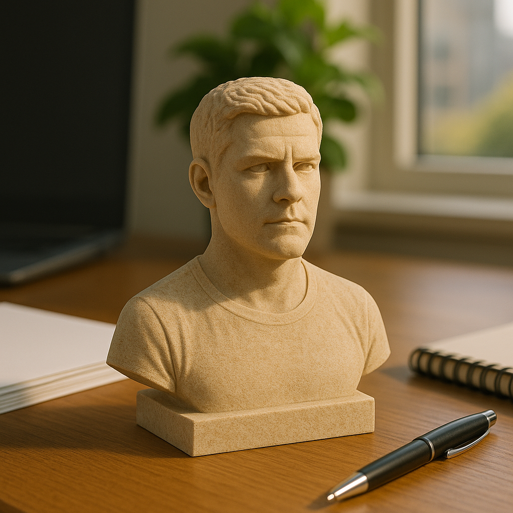 A beige bust sculpture of a young man with short hair on a wooden desk, with a black pen and a spiral notebook nearby, and a blurred green plant and window in the background.