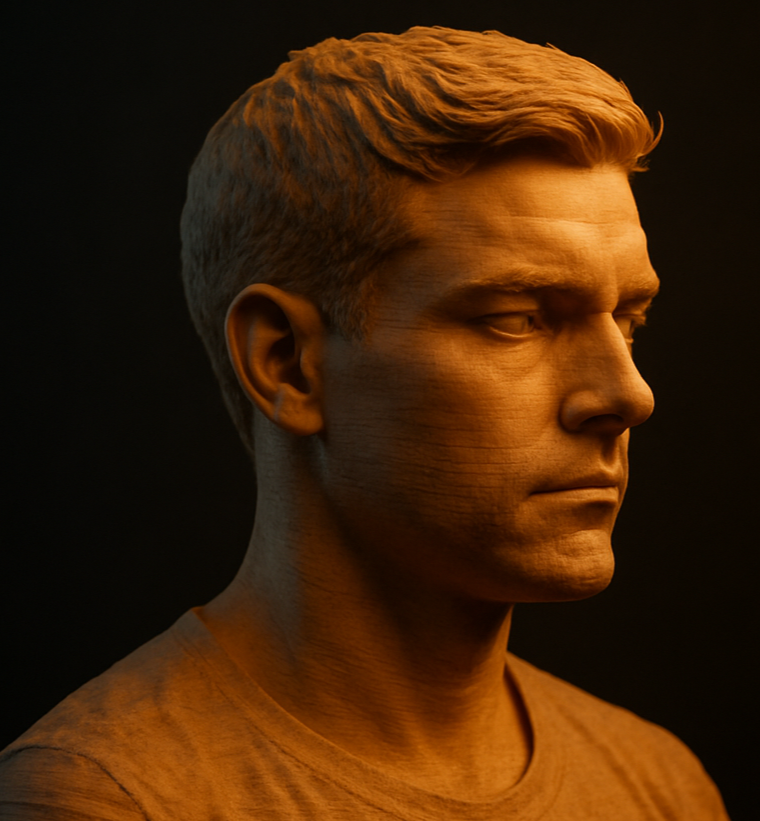 Close-up of a young man with short, styled hair and a serious expression, looking to the right, against a dark background.