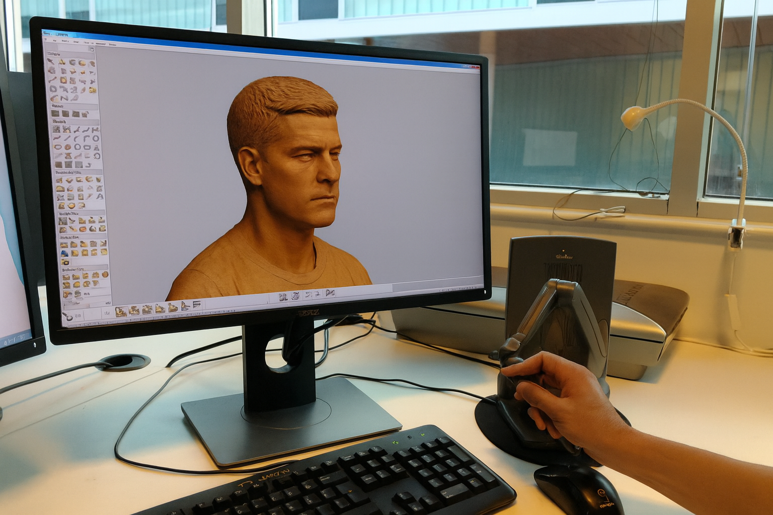 A person’s hand holding a computer mouse, working on a graphics design project of a 3D human head on a dual-monitor setup on a desk in an office. The monitor displays a realistic 3D model of a male head with short hair, viewed from the front, with editing software open.