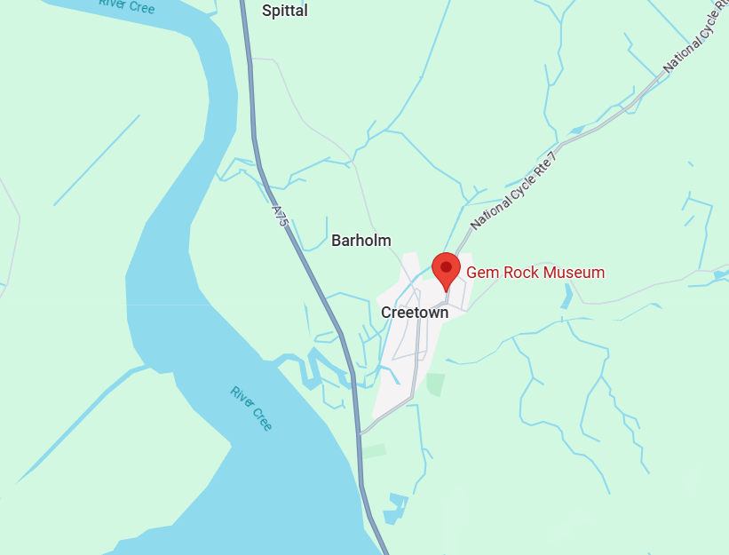 Map showing the location of the Gem Rock Museum in Creetown near the A75 highway and River Cree.