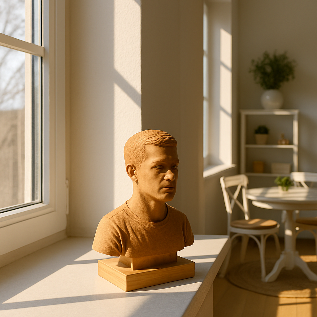 A detailed sculpture of a young boy's bust with short hair on a wooden base, placed on a windowsill in a sunlit room.