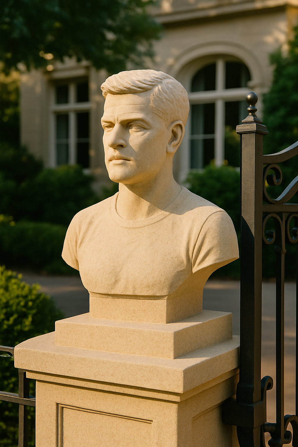 A stone bust sculpture of a man with short hair, wearing a casual T-shirt, displayed outdoors on a pedestal next to a wrought iron fence, with a house and greenery in the background.