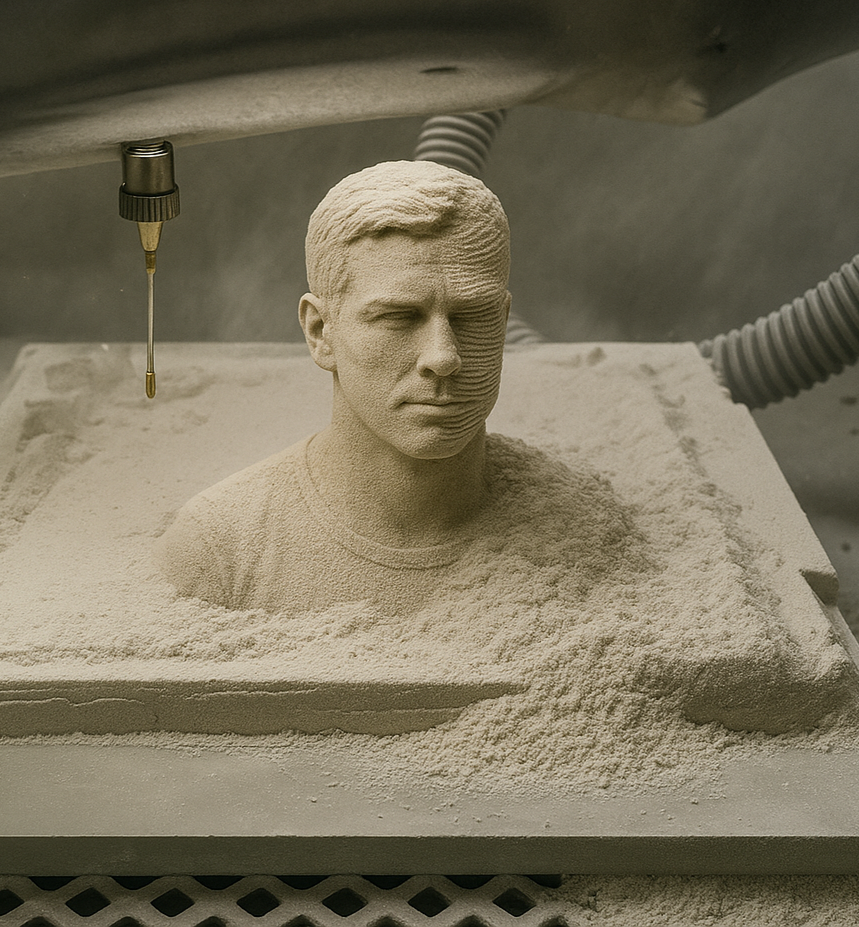 Sand sculpture of a man's head and shoulders on a work surface, with a drill and hose apparatus nearby.