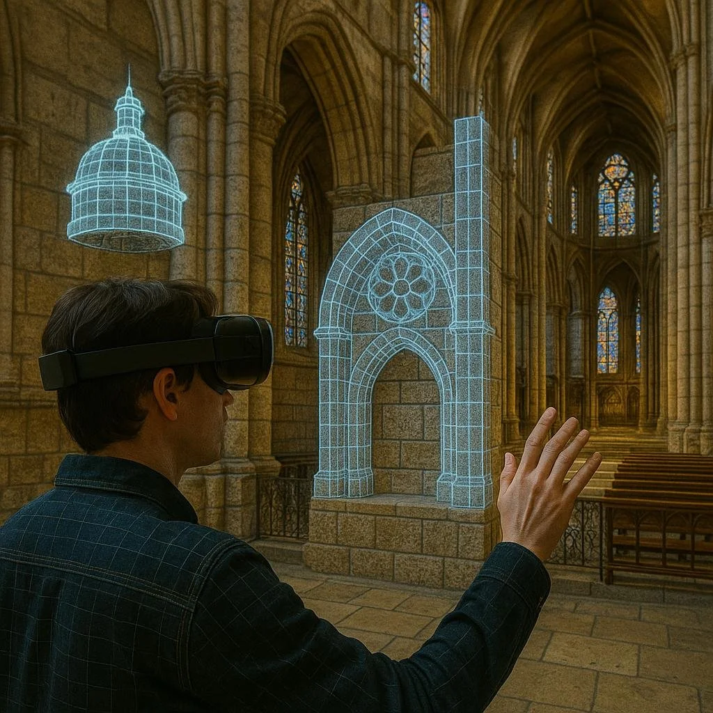 A man wearing a VR headset in a church, interacting with holographic blueprints of architectural structures.