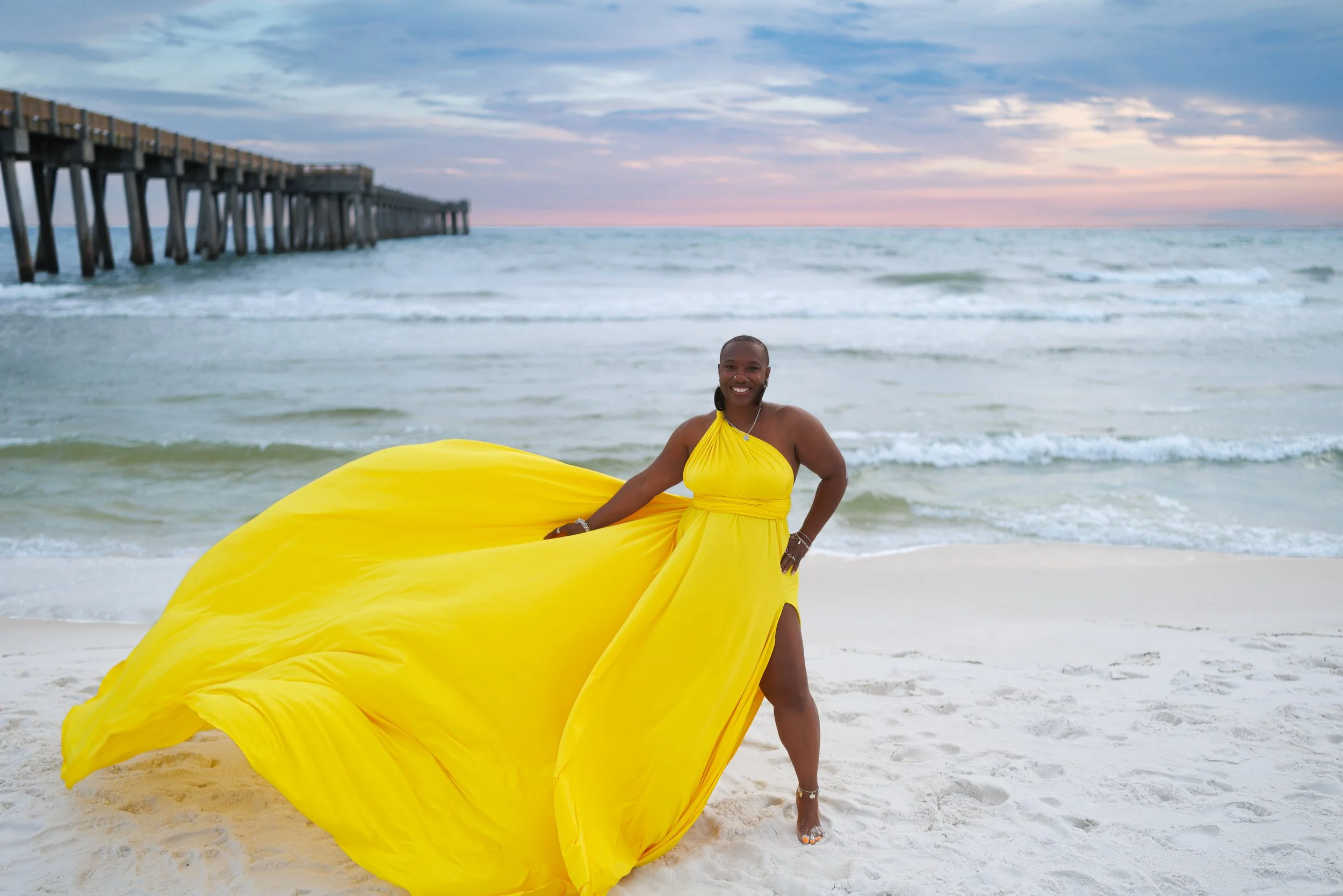 Yellow flying dress beautiful sunset pier