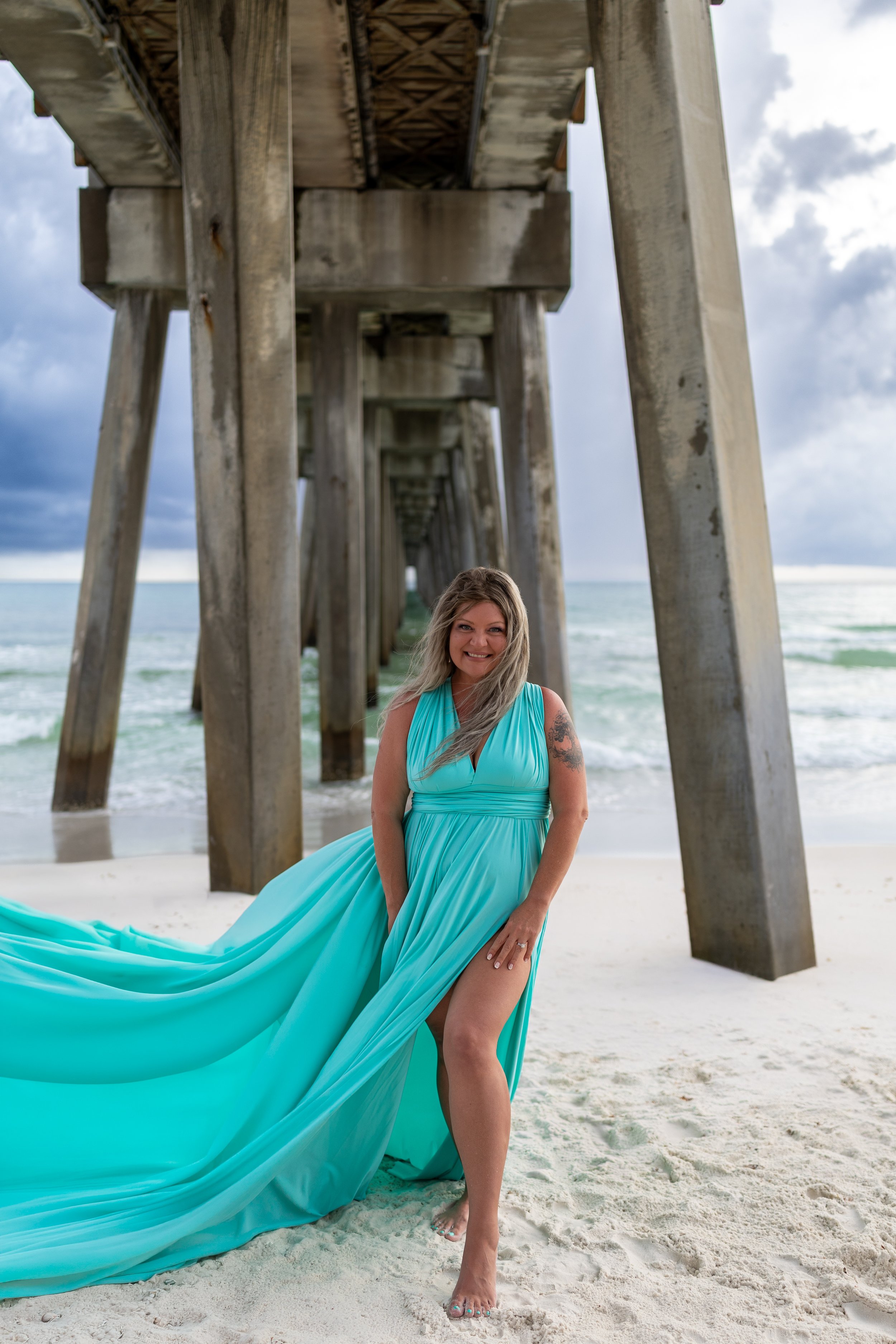 Tiffany light blue flying dress beach photo