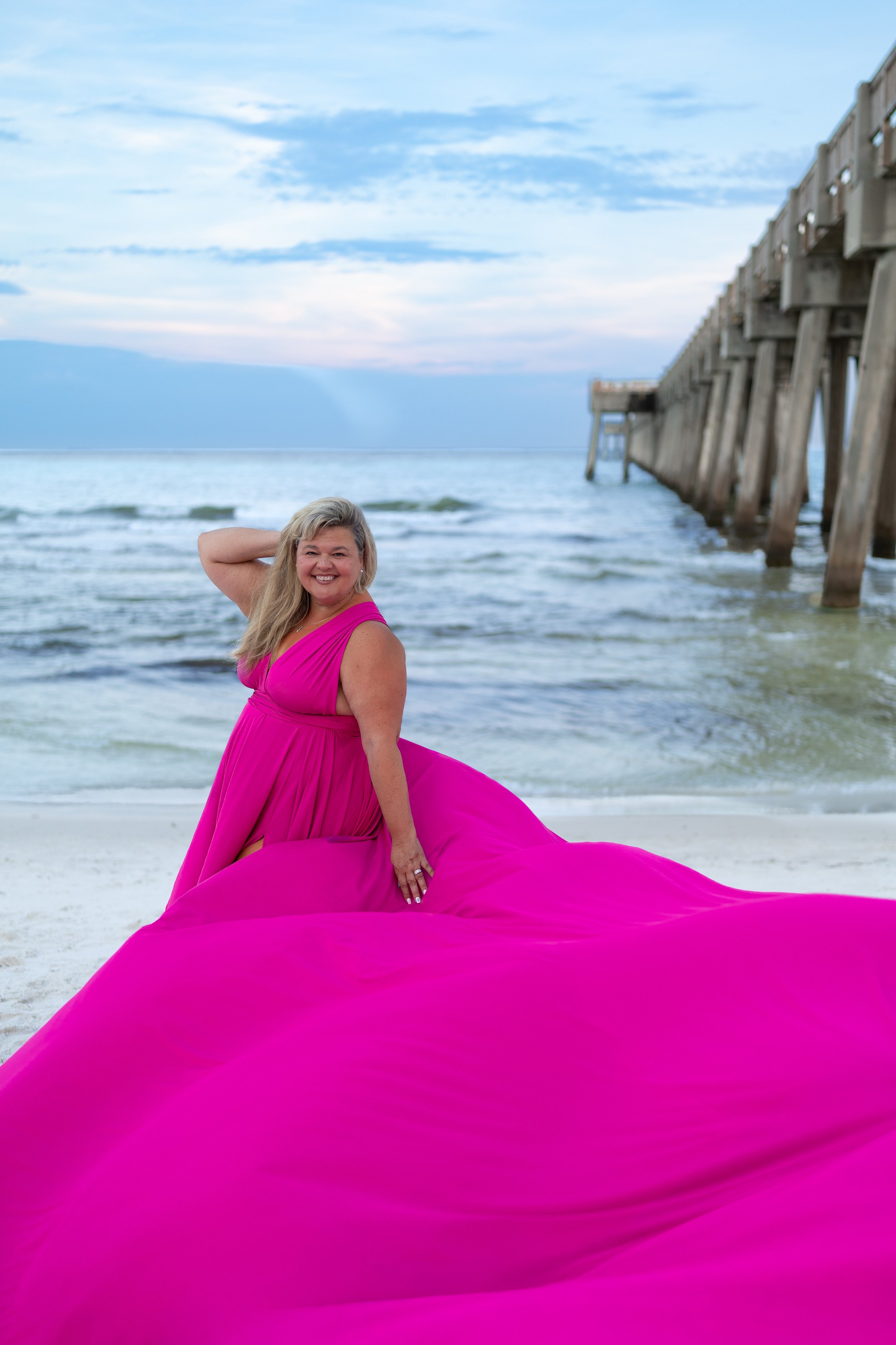 50th birthday flying dress photoshoot beach PCB pier