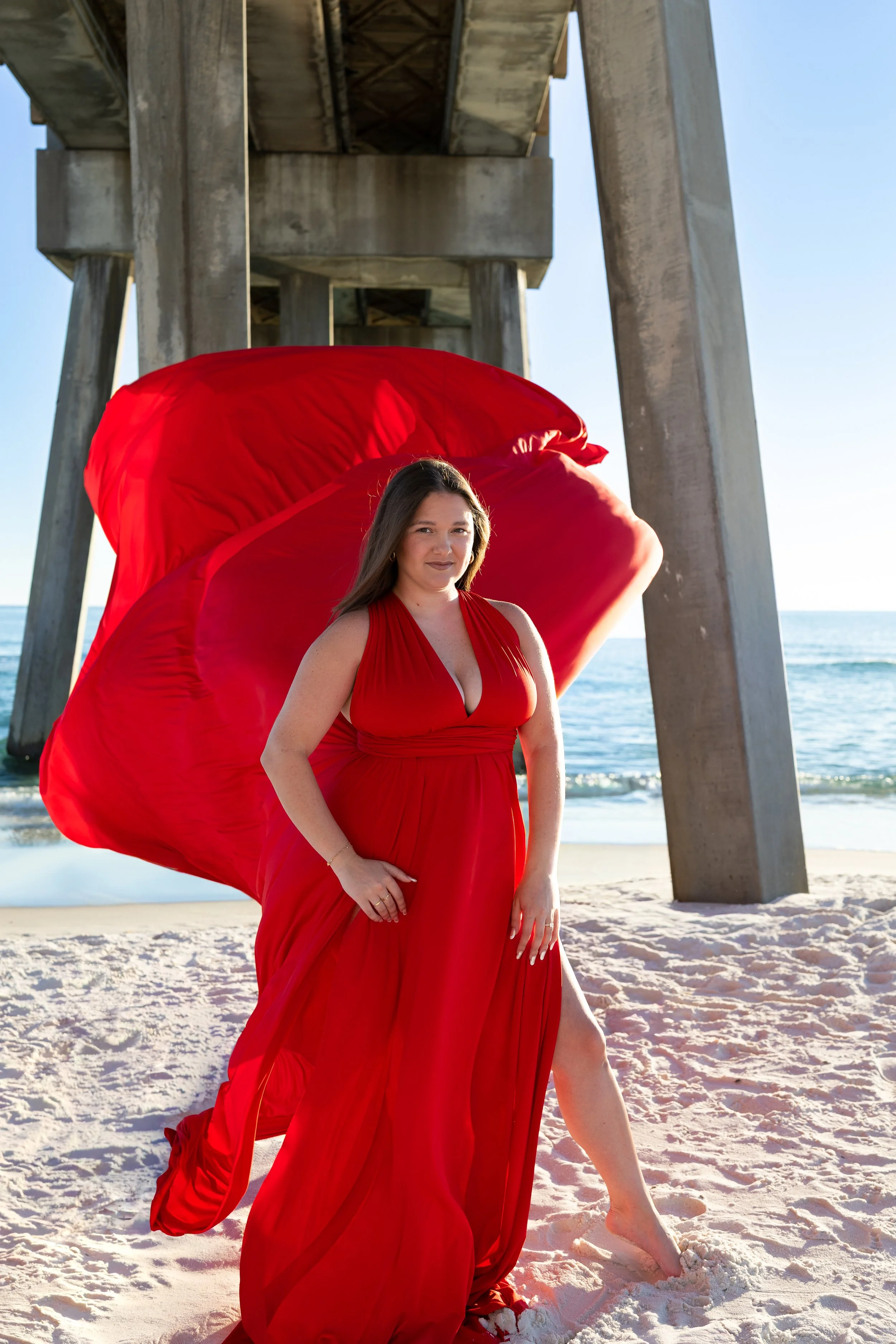 Pier flying dress photoshoot ocean beach PCB FL