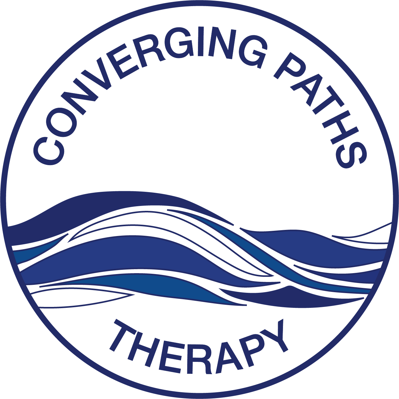 A circular logo with the words "Contouring Path Therapy" around the top and bottom edges, and stylized waves in blue shades in the center.
