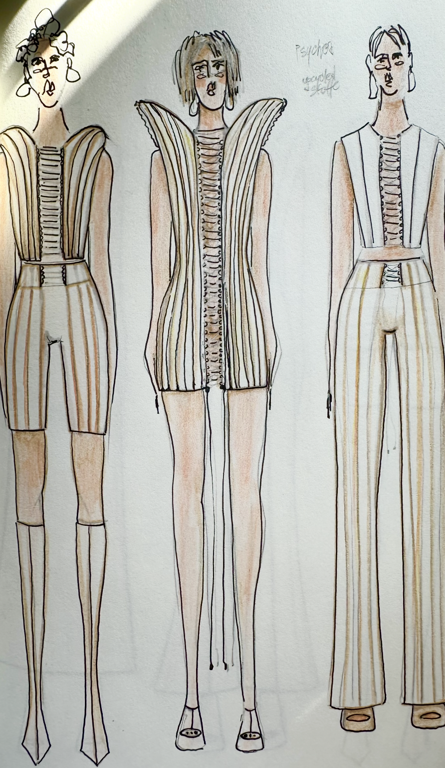 Fashion illustration of three women in striped, avant-garde outfits with high heels.