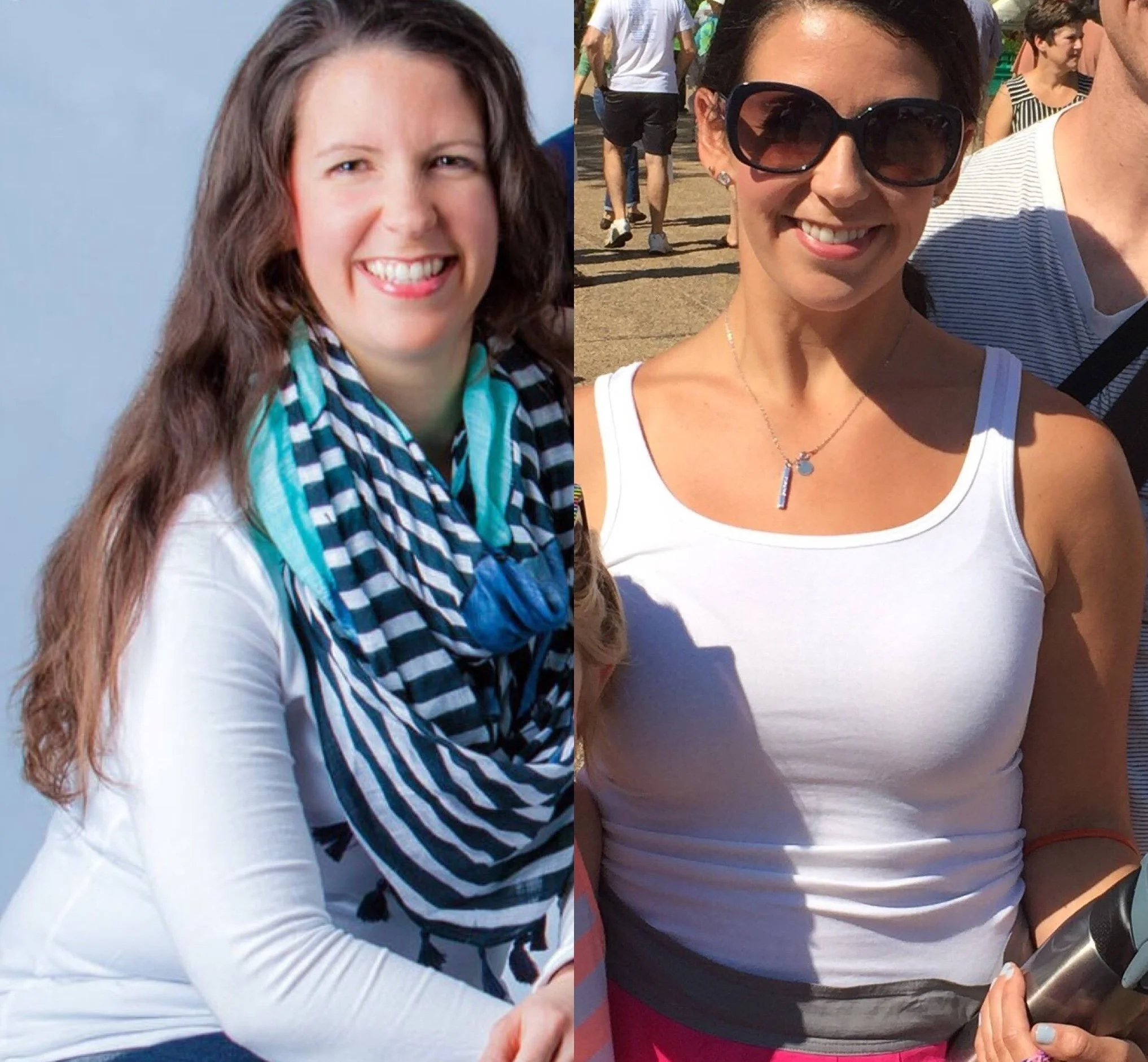 Split image of two women; left woman wears a striped scarf and white shirt, right woman wears sunglasses and white tank top.