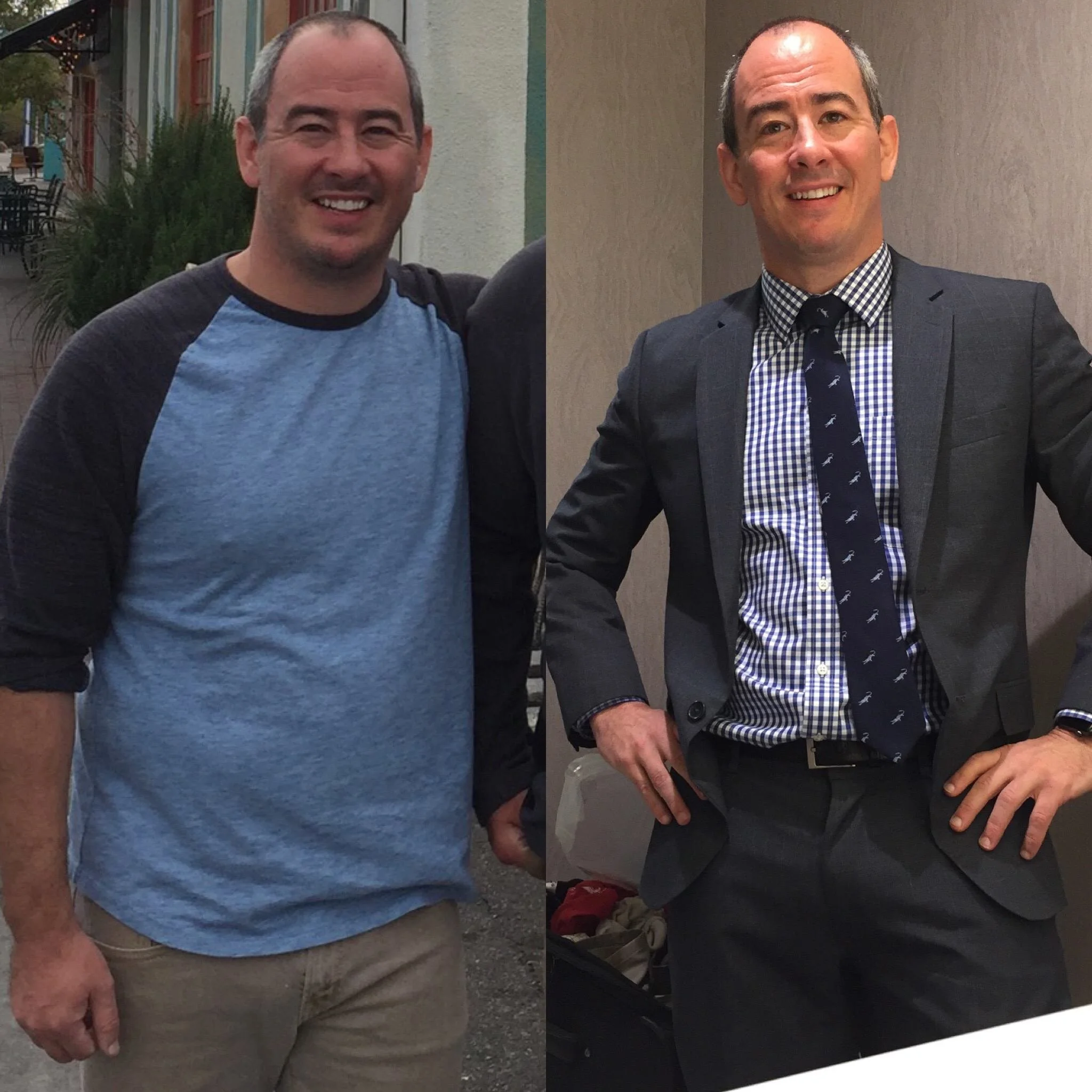 Before and after weight loss transformation showing a man in casual and formal attire.