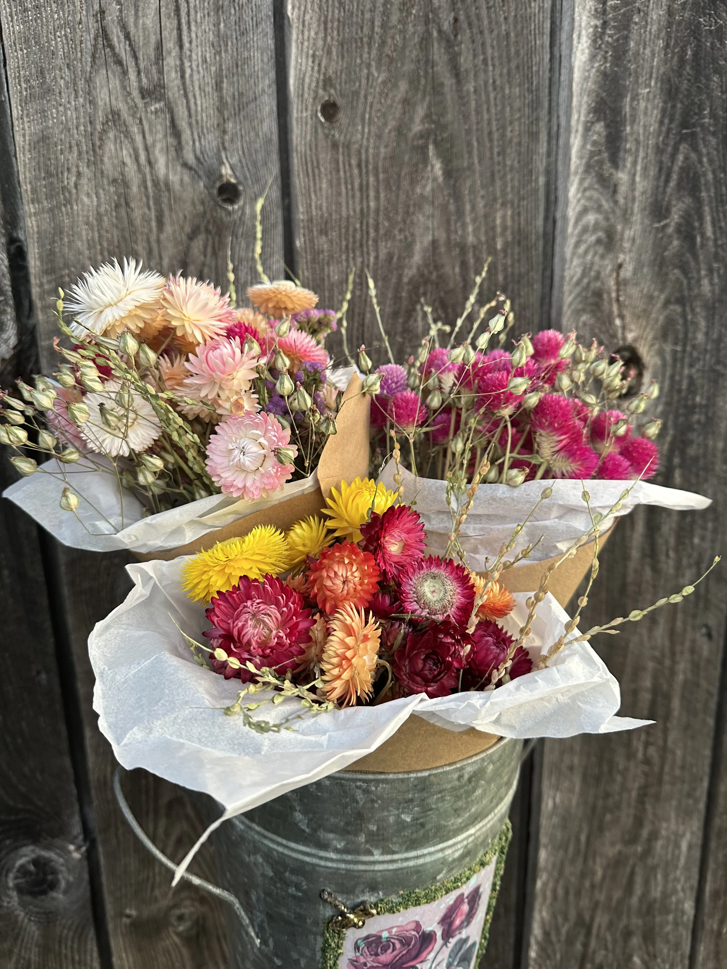 Dried Flower Bouquets Gomphrena, Strawflowers, Sapanaria