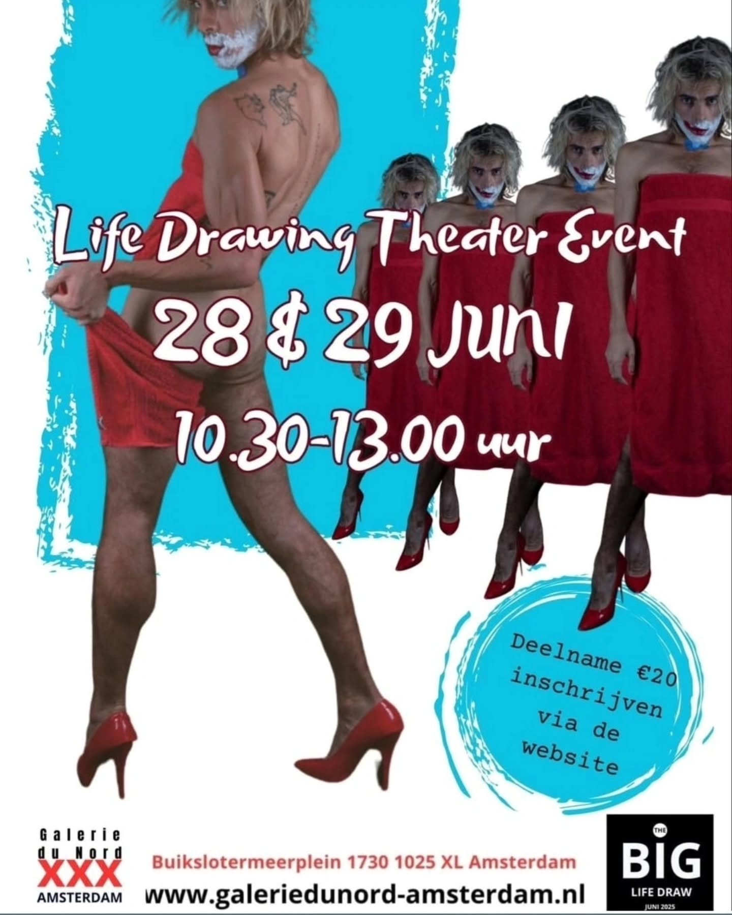 Zaterdag en zondag : 28 en 29 juni 
10.30 - 13.00 
Vier modellen. Ook the fab Clapmutt ( London )  and Sofia Olarte ( Columbia ) 

20 euro per dag 

Model tekenen. 
Lifedrawing theater 

Waar : Galerie du Nord Amsterdam 
Buikslotermeerplein 1730 

Na