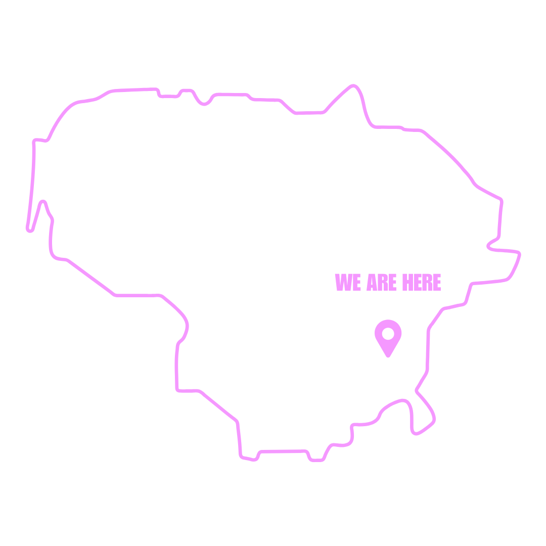 Outline map of Lithuania with a pinpoint and text 'WE ARE HERE' highlighting a specific location.