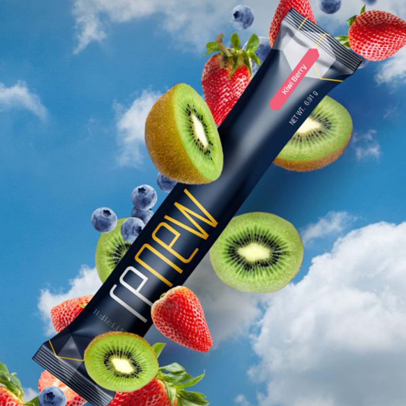 Renew pouch displayed with kiwi and strawberry – delicious flavour and hormone-balancing benefits