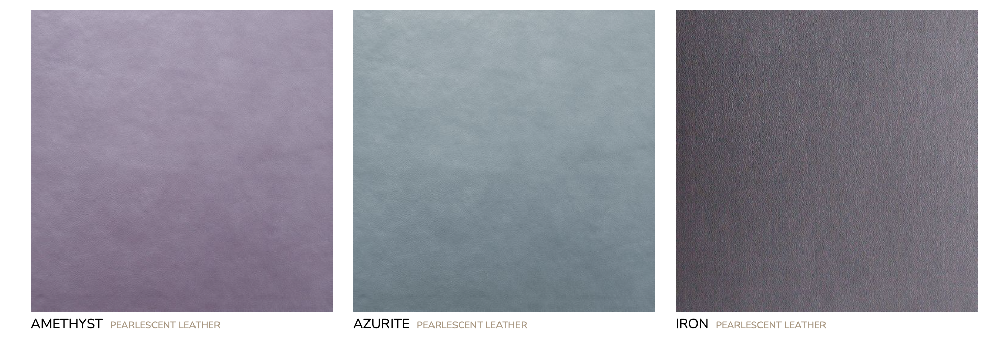 Three samples of pearlescent leather in different colors: amethyst, azurite, and iron.