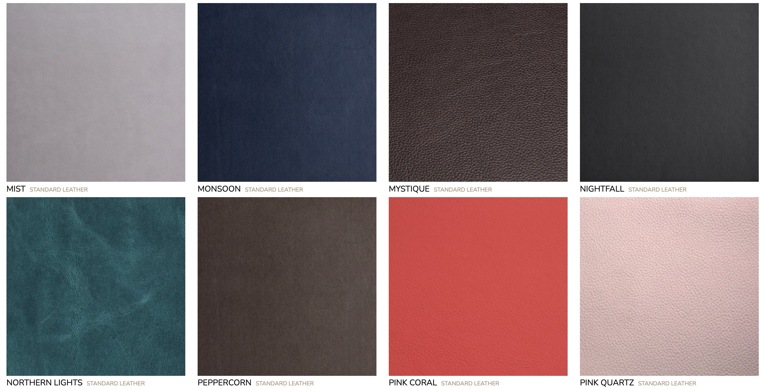 Image showing eight leather color samples labeled as "Mist," "Monsoon," "Mystique," "Nightfall," "Northern Lights," "Peppercorn," "Pink Coral," and "Pink Quartz."