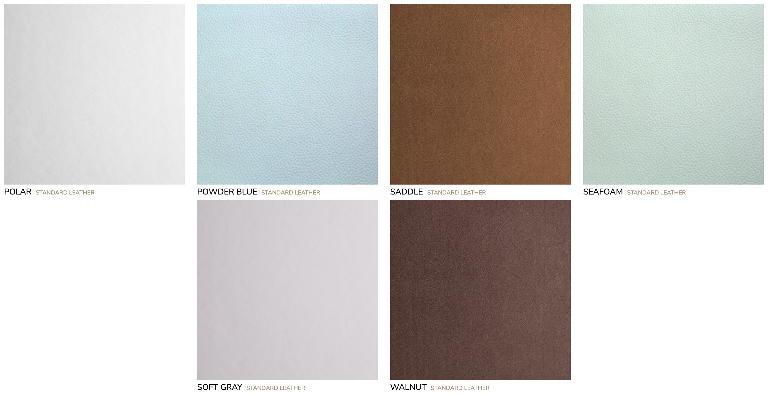 Leather color samples featuring Polar, Powder Blue, Saddle, Seafoam, Soft Gray, and Walnut standard leather swatches.