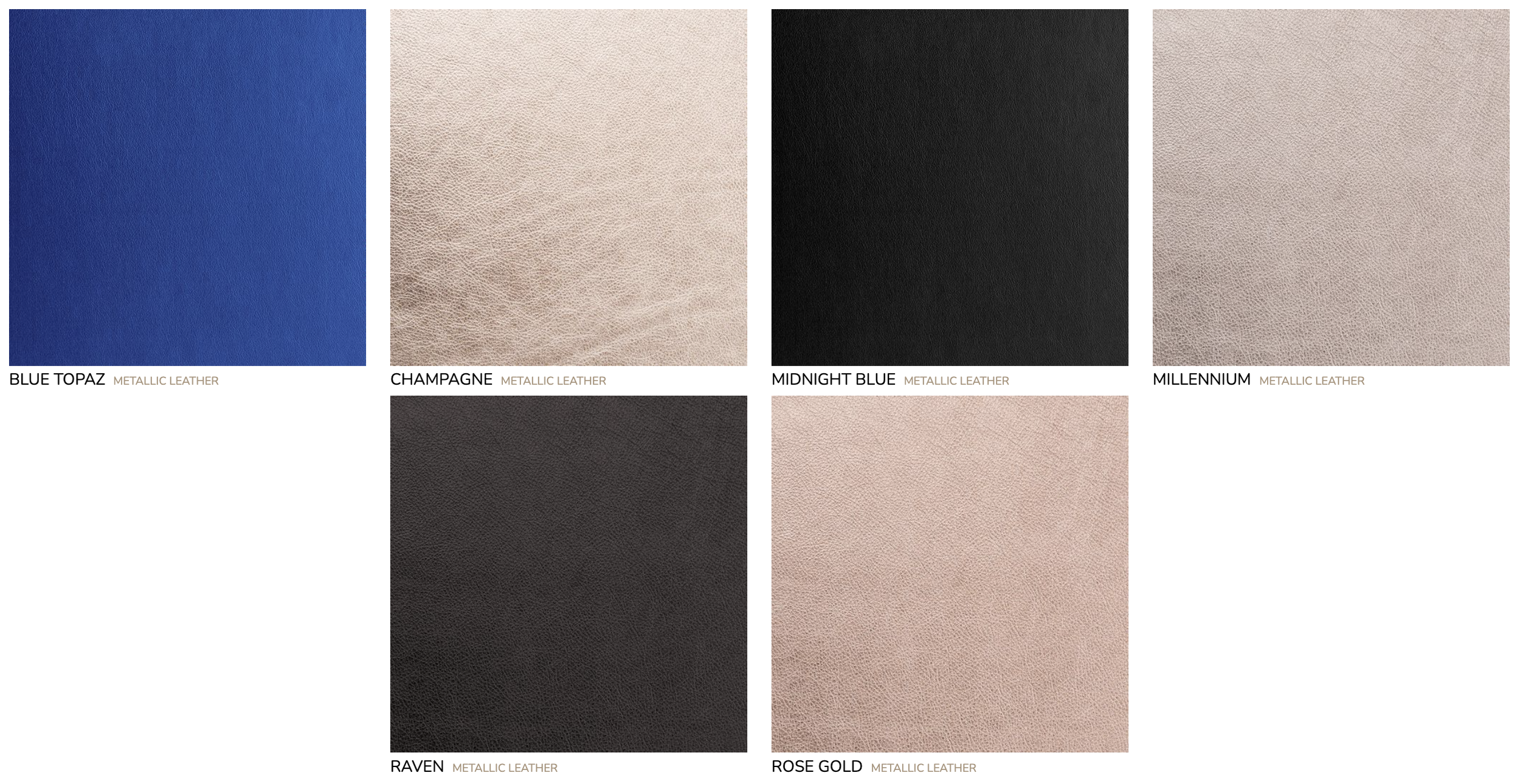 Grid of six metallic leather color samples: Blue Topaz, Champagne, Midnight Blue, Millennium, Raven, Rose Gold.