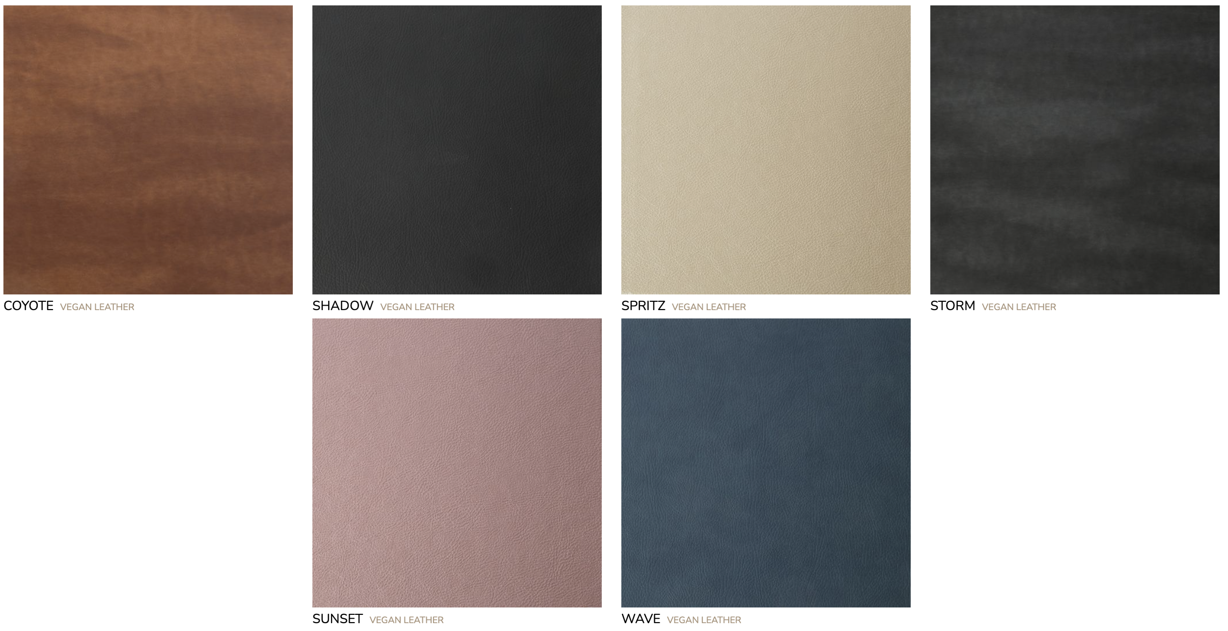Six vegan leather swatches titled Coyote, Shadow, Spritz, Storm, Sunset, and Wave.