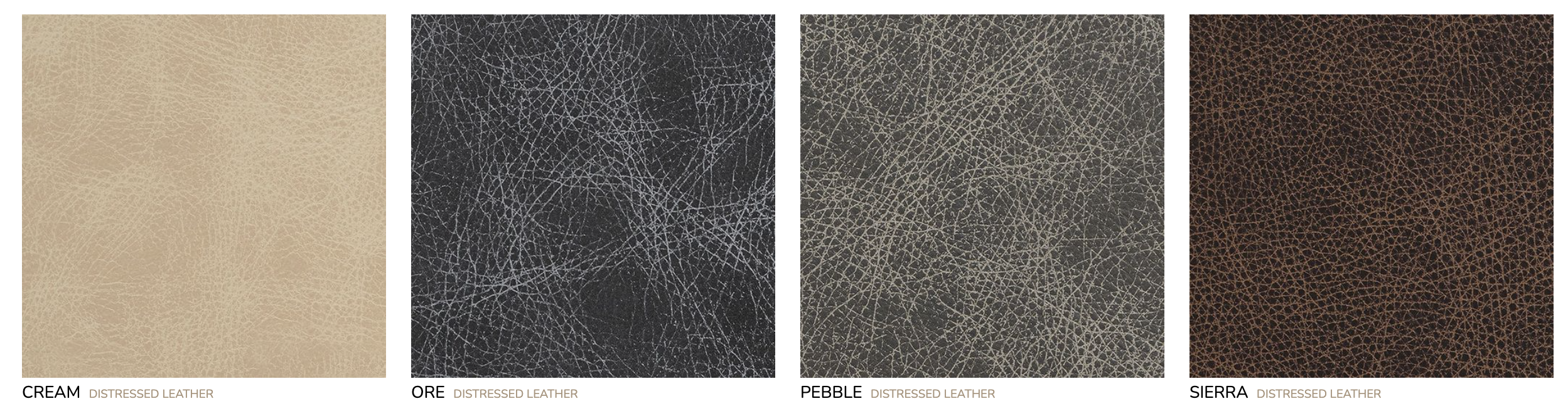 Four samples of distressed leather: cream, ore, pebble, and sierra.