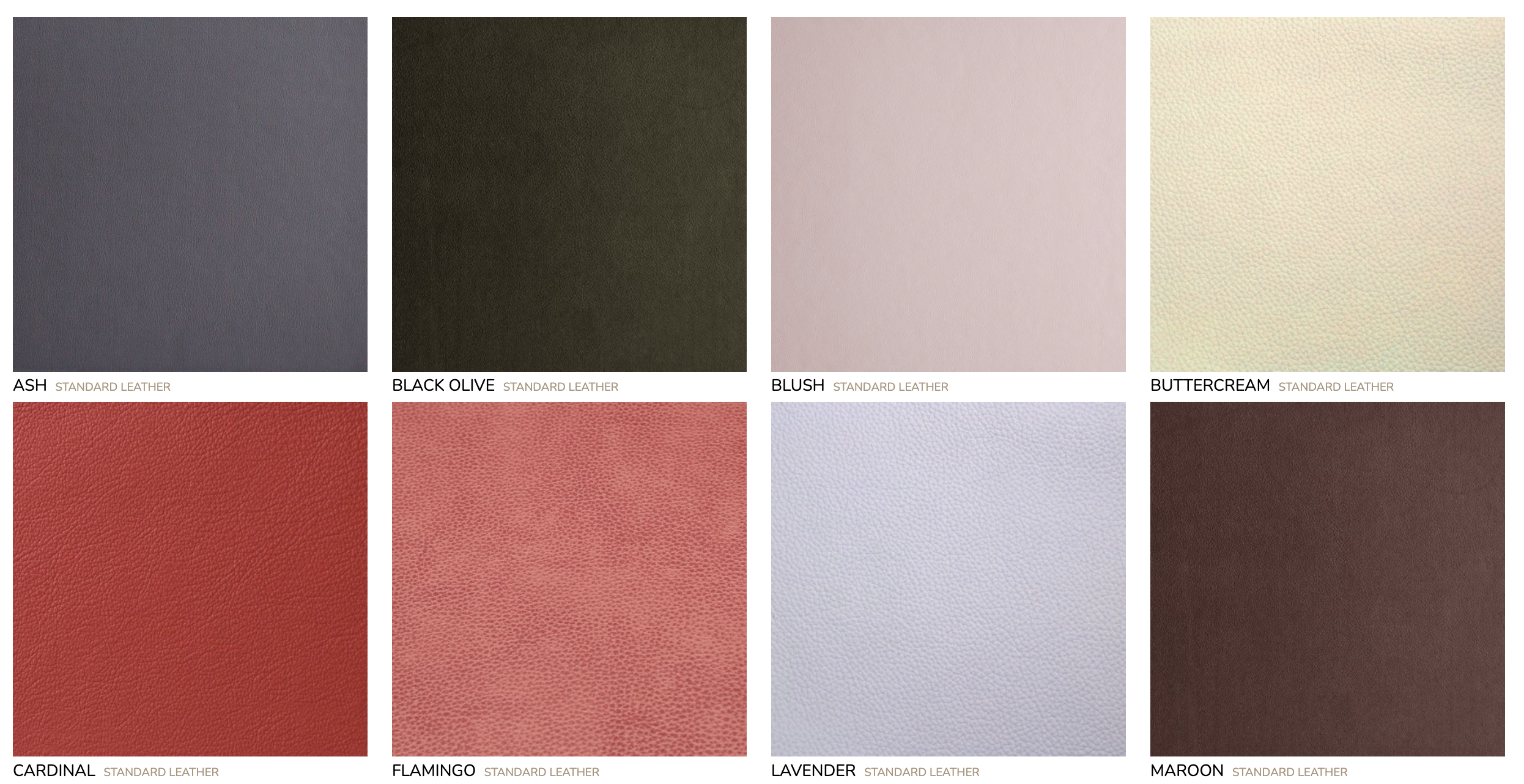 Grid of leather color samples: Ash, Black Olive, Blush, Buttercream, Cardinal, Flamingo, Lavender, Maroon, all labeled as standard leather.