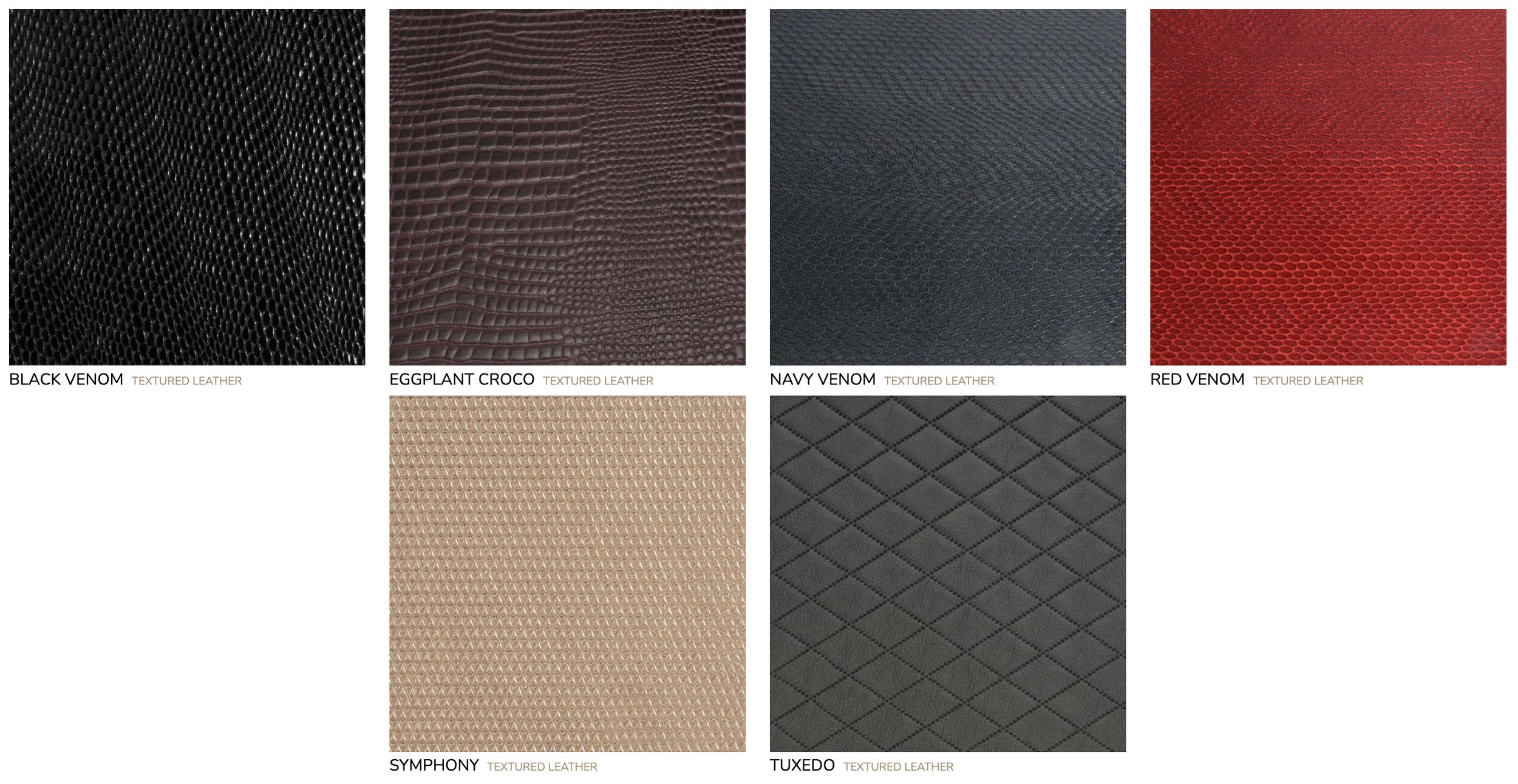 A selection of six textured leather samples in various colors and patterns: Black Venom, Eggplant Croco, Navy Venom, Red Venom, Symphony, and Tuxedo.